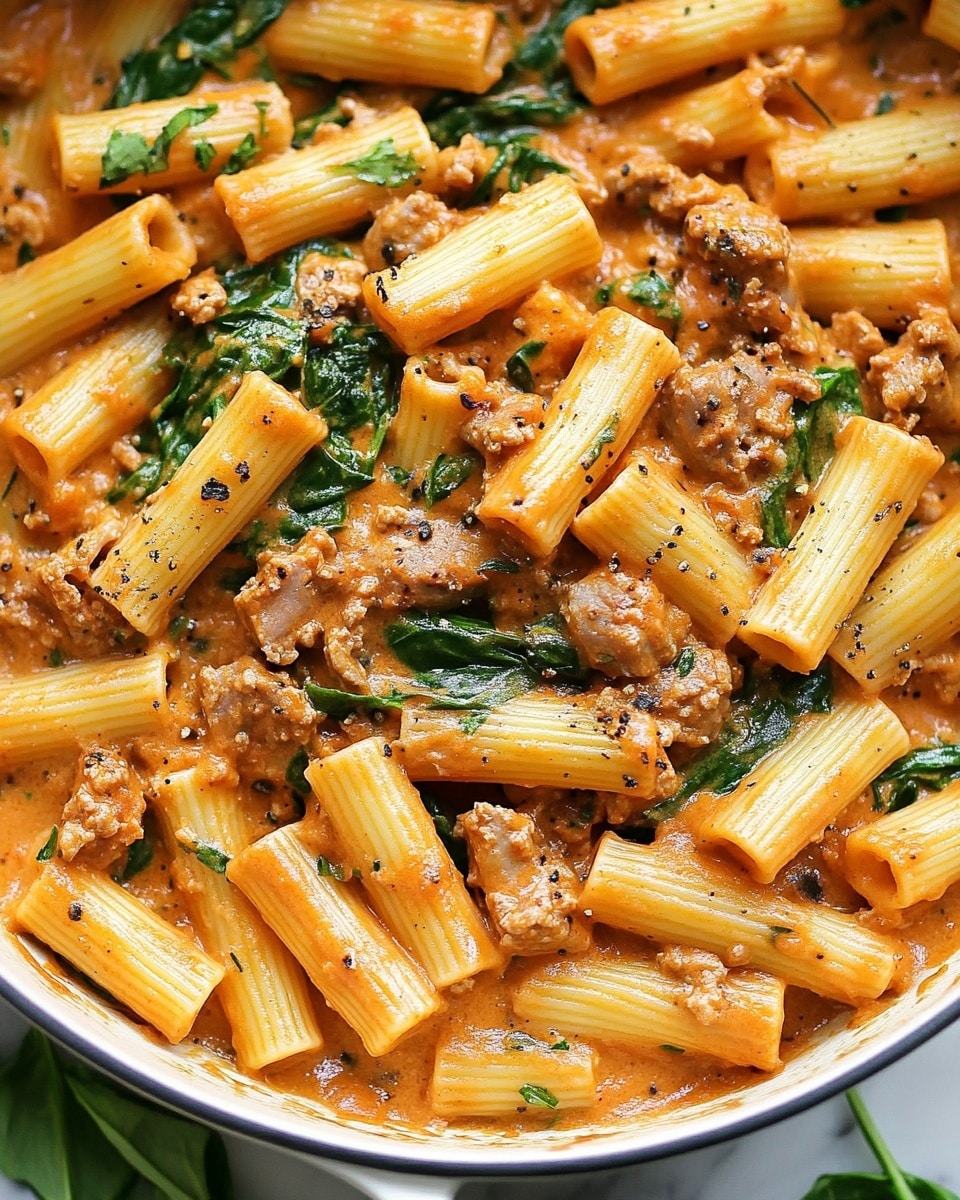 Creamy Sausage Rigatoni, easy one-pan pasta, quick sausage pasta, 30-minute dinner recipes, hearty sausage pasta The dish shows a close-up of a skillet filled with short tube-shaped pasta mixed in a creamy orange sauce. The sauce looks smooth and coats the pasta evenly, with small pieces of cooked meat and bright green spinach leaves scattered throughout. The pasta is thick and firm, and the spinach adds a fresh contrast to the rich sauce. The skillet is silver and sits on a white marbled surface with some raw pasta and thyme nearby. The lighting highlights the glossy texture of the sauce and the tender meat bits, making the dish look warm and inviting