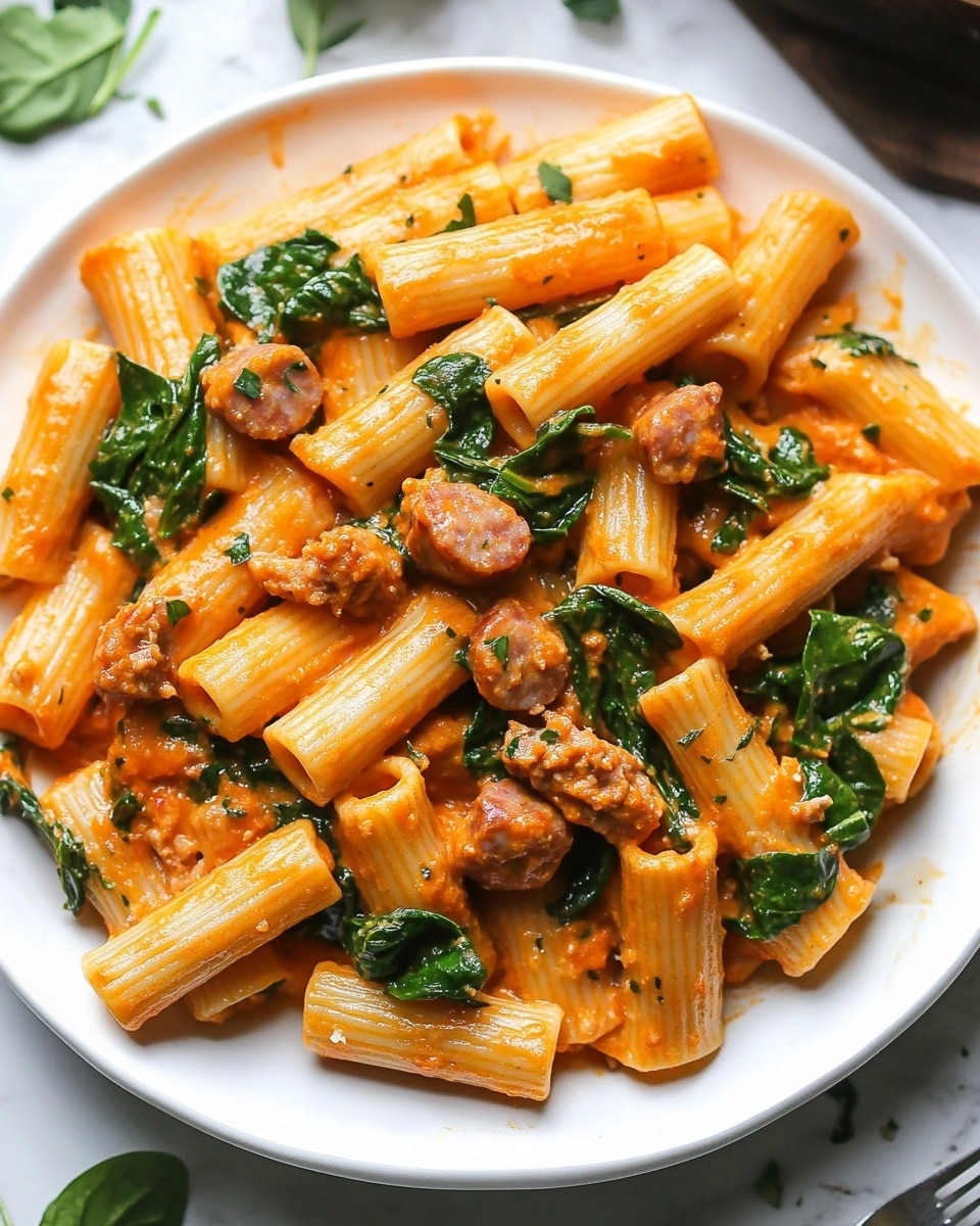 Creamy Sausage Rigatoni, easy one-pan pasta, quick sausage pasta, 30-minute dinner recipes, hearty sausage pasta A close-up of a white plate filled with rigatoni pasta mixed with bits of cooked ground meat and green spinach leaves. The pasta is coated in a light orange-red sauce with a slightly oily texture. The rigatoni tubes are pale yellow with ridges visible, and the spinach leaves add bright green patches throughout. The bits of meat are small and brownish, scattered evenly among the pasta. The plate sits on a white marbled surface with some green leaves partially visible on the left side.