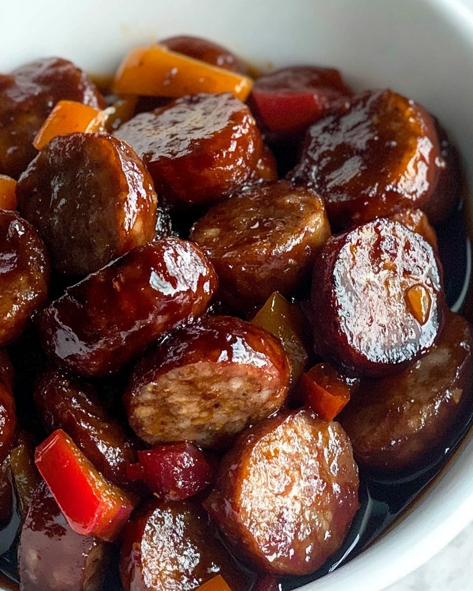BBQ Smoked Sausage with Peppers and Onions, smoked sausage with peppers and onions, easy BBQ sausage recipe, flavorful sausage and peppers, quick smoked sausage dinner A white bowl filled with thick slices of dark brown glazed sausage mixed with glossy reddish pieces of bell pepper and light yellow onion chunks. The sausages have a shiny, smooth surface with caramelized edges, and the peppers and onions add bright glare and contrast around the sides and bottom of the bowl. The bowl sits on a white marbled surface that softly reflects the light. The image is a close-up, focusing mainly on the rich textures and colors of the sausage and vegetables.