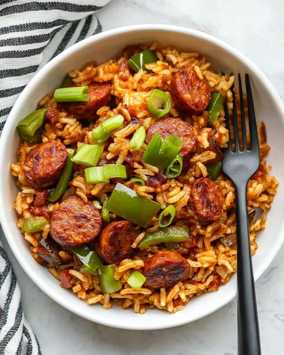 Cajun Sausage and Rice Skillet, Cajun sausage and rice, flavorful skillet dinner, easy Cajun skillet recipe, quick weeknight Cajun meal The image shows a white bowl filled with a mixture of rice, sliced sausage pieces, and chunks of green bell pepper, all cooked together in a reddish sauce. The rice looks soft and mixed evenly with the sauce, giving it a warm, reddish-brown color. Bright green sliced scallions are scattered on top for color contrast. A black fork is placed inside the bowl on the right side. The bowl is set on a white marbled surface with a striped white and gray cloth napkin laying next to it.