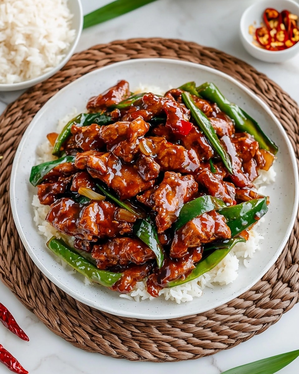 A white plate sits on a woven brown rattan mat, filled with a glossy dish of brown sauce-coated pieces of cooked meat mixed with bright green scallions and whole dried red chili peppers scattered throughout. The meat pieces are irregular in shape with a shiny, thick coating, and the scallions add a fresh, crisp texture with their vibrant green color. Around the plate, there are bowls of white rice, wooden chopsticks, and some loose green onions and dried chilies on a white marbled surface. photo taken with an iphone --ar 4:5 --v 6.1