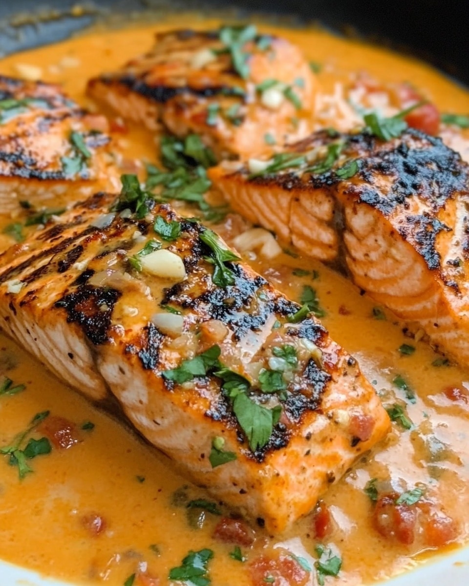 A red pan with three pieces of grilled meat placed side by side, covered in a thick orange sauce with visible bits of red tomatoes and herbs. The sauce looks creamy with green chopped herbs scattered on top. The pan is set on a white marbled surface. The meat pieces have a slightly charred texture and are partially covered by the sauce, which fills the pan almost to its edge. photo taken with an iphone --ar 4:5 --v 6.1