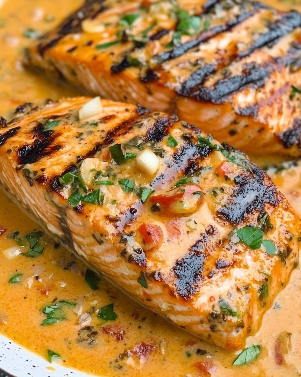 The image shows several pieces of cooked salmon with a slightly charred and browned top layer. The salmon has a pinkish-orange color and flaky texture. The pieces are resting in a thick orange creamy sauce with bits of red and white, likely from tomatoes and garlic or cheese. Small green herb leaves are scattered on top, adding a fresh touch. The dish is presented on a white marbled surface. Photo taken with an iphone --ar 4:5 --v 6.1