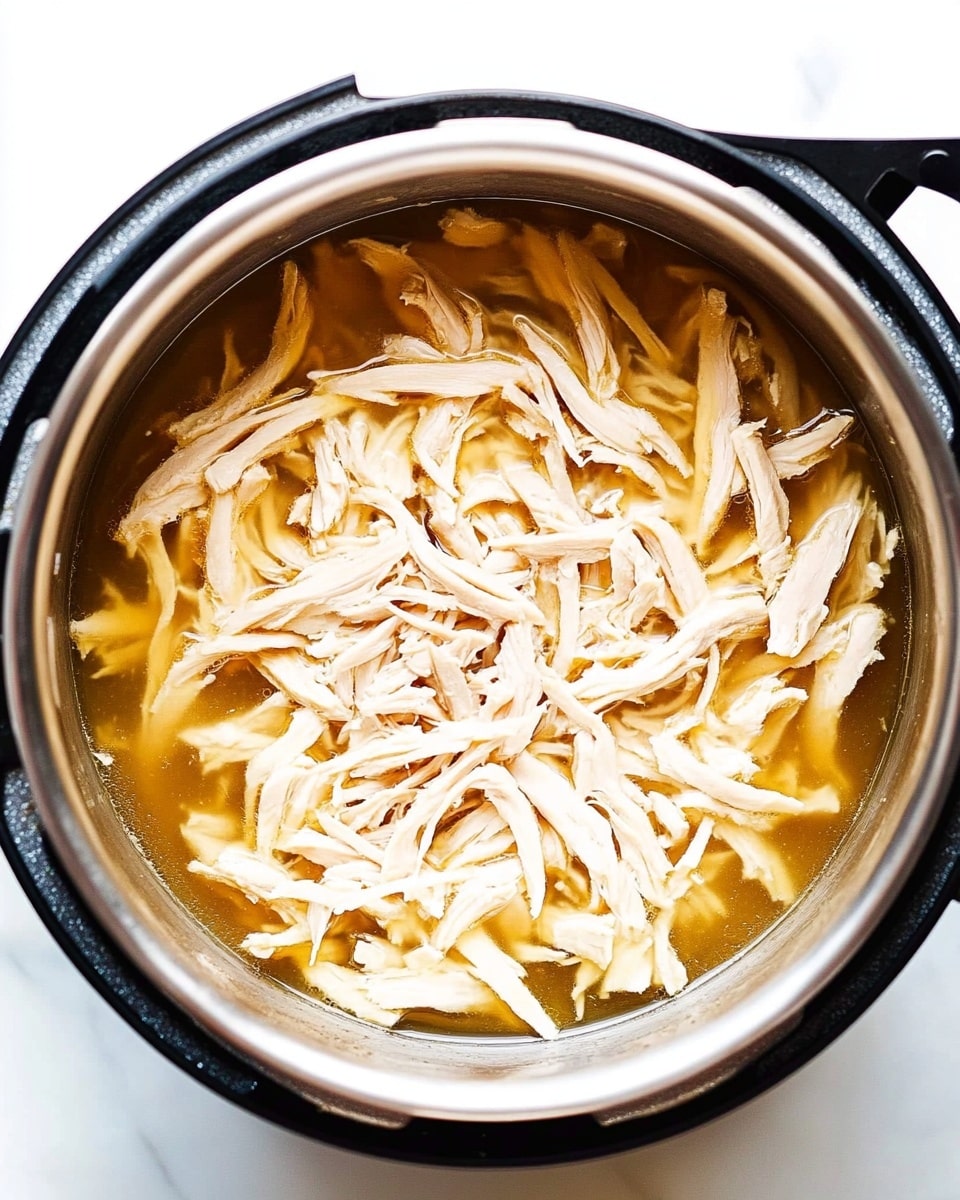 Inside a stainless steel pot with a black outer rim, there is one layer of shredded chicken soaking in a light brown broth. The shredded chicken pieces are pale cream in color with soft, fibrous textures. The broth is evenly spread, shimmering slightly under the light, filling the pot around the chicken, showing a mix of clear and cloudy areas. The pot sits on a white marbled surface, and the image is focused closely from above, capturing the details of the chicken strands and the liquid. Photo taken with an iphone --ar 4:5 --v 6.1