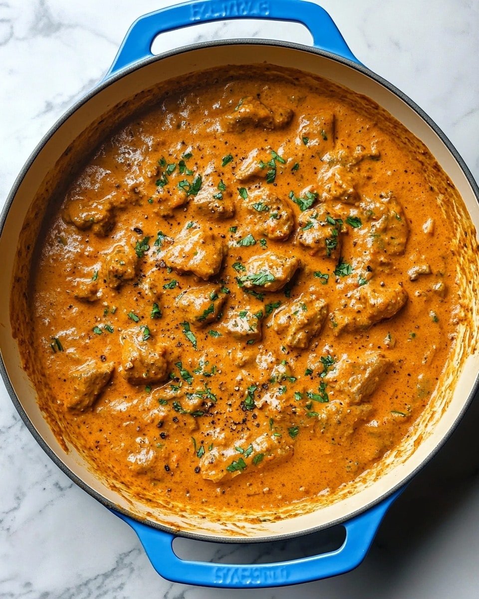 A white bowl filled with rich orange curry, filled with chunks of tender meat and smooth cream swirls on top, garnished with green chopped herbs scattered over the surface. A wooden spoon lifts a piece of meat and sauce from the center of the bowl, showing thick texture and creaminess. Around the bowl, white marbled textured surface is visible with pieces of flatbread placed on the right side. A portion of white rice is seen at the corner in another white bowl, and a woman's hand holding the wooden spoon is partially visible. photo taken with an iphone --ar 4:5 --v 6.1