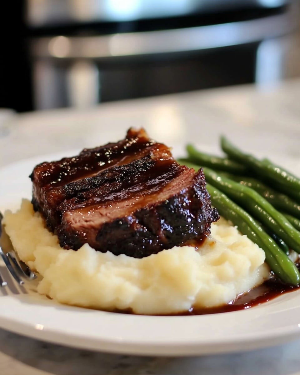 A white plate sits on a white marbled surface, holding a serving of mashed potatoes as the bottom layer, smooth and creamy with a few small lumps and a slightly uneven edge. On top of the mashed potatoes, there is a thick rectangular piece of dark brown meat coated with a shiny, reddish-brown sauce that looks thick and sticky. The fork pulls apart the meat slightly, showing shredded, tender texture inside with visible strands. A few small drops of sauce are scattered on the mashed potatoes, and a couple of green beans rest on the side near the edge of the potatoes. photo taken with an iphone --ar 4:5 --v 6.1