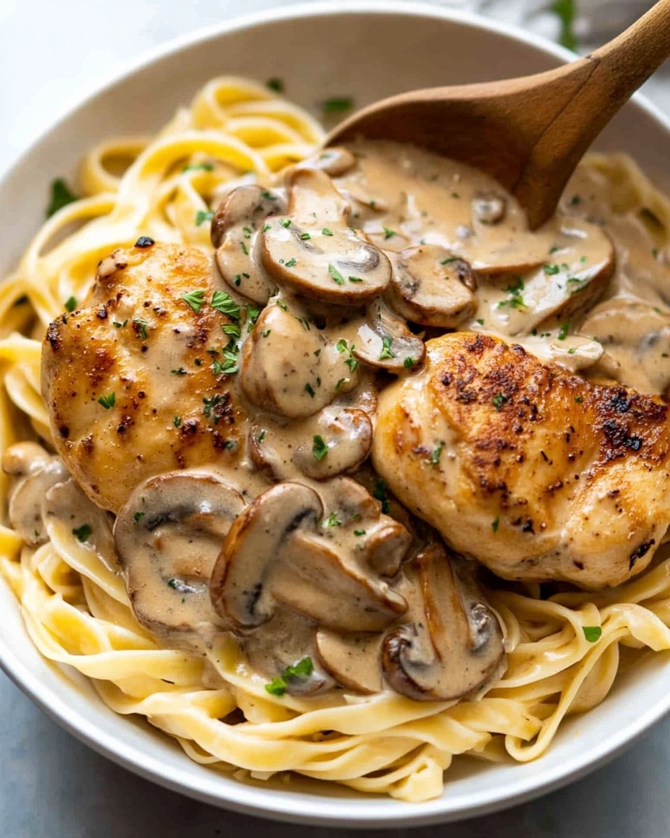 In a white bowl, a dish with three layers is shown: the bottom layer is light yellow flat noodles, soft and slightly curled; the middle layer has two large browned chicken pieces with a crispy texture on top of the noodles; the top layer is a creamy mushroom sauce, light brown with sliced mushrooms mixed in, covering the chicken and some noodles; small green herbs are sprinkled over the dish, adding color contrast; a spoon with a wooden handle and a woman's hand holding it is positioned on the bowl s edge; the background is white with a marbled texture. photo taken with an iphone --ar 4:5 --v 6.1