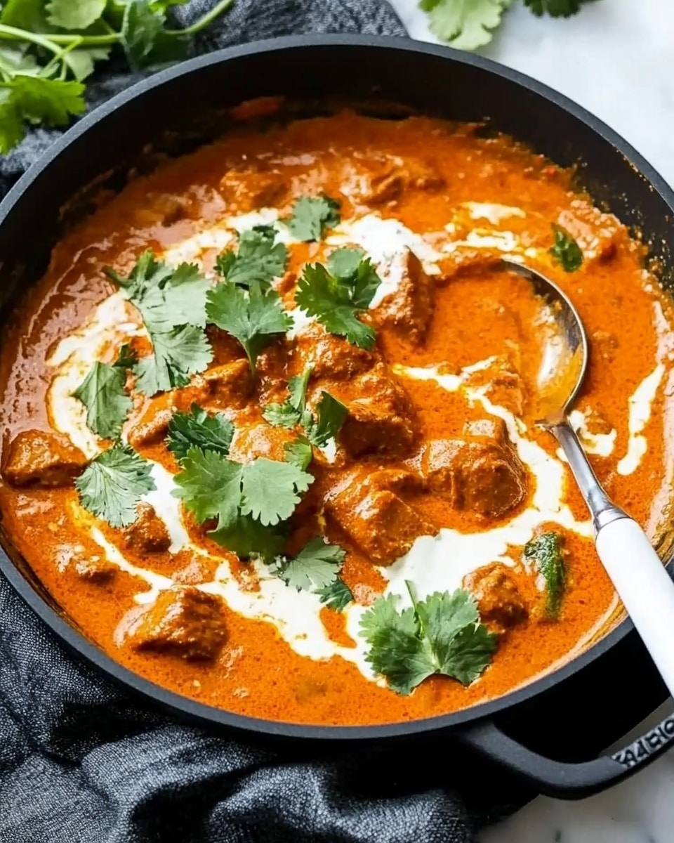 The image shows a bowl of white rice topped with a thick, orange-brown curry sauce with chunky pieces of chicken mixed in. The curry looks creamy and is spread evenly over the rice. There are small green cilantro leaves scattered on top, adding a fresh touch. The bowl itself is white with a green inner pattern and it sits on a white marbled surface with a soft white cloth partially visible next to it. A spoon with a rose gold handle is placed to the side, and a woman's hand is barely visible in the corner. photo taken with an iphone --ar 4:5 --v 6.1