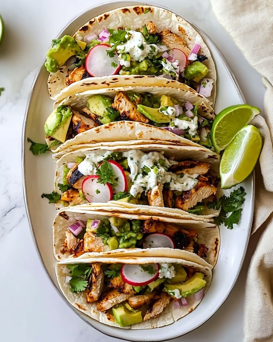 The image shows a white oval plate on a white marbled surface filled with five soft corn tortillas folded in half and arranged side by side. Each tortilla holds layers of grilled chicken pieces with a light brown char, thinly sliced green avocado, thinly cut pink radish slices, dollops of white creamy sauce, and green salsa with a chunky texture. There are small bits of chopped red onion and fresh green cilantro sprinkled on top, adding color and texture. On the side of the plate, there are two lime wedges and a few avocado slices for garnish. A beige cloth napkin is partially visible to the right of the plate. Photo taken with an iphone --ar 4:5 --v 6.1