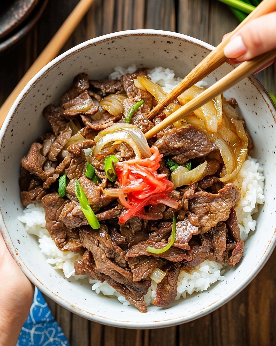 Gyudon Japanese Beef Rice Bowl, Japanese Beef Rice Bowl recipe, authentic Gyudon, quick Japanese dinner, easy Gyudon recipe A white bowl filled with three main layers: at the bottom, plain white rice, on top of it thin slices of cooked brown beef mixed with translucent sautéed light yellow onions and green scallion pieces scattered around. In the center, a small mound of bright red pickled ginger adds contrast. A woman’s hand holds a wooden spoon lifting a portion of beef, onions, and rice from the bowl. The bowl has a simple blue rim and a matching lid is held in another woman’s hand nearby. The scene is set on a white marbled surface, with wooden chopsticks resting below the bowl.