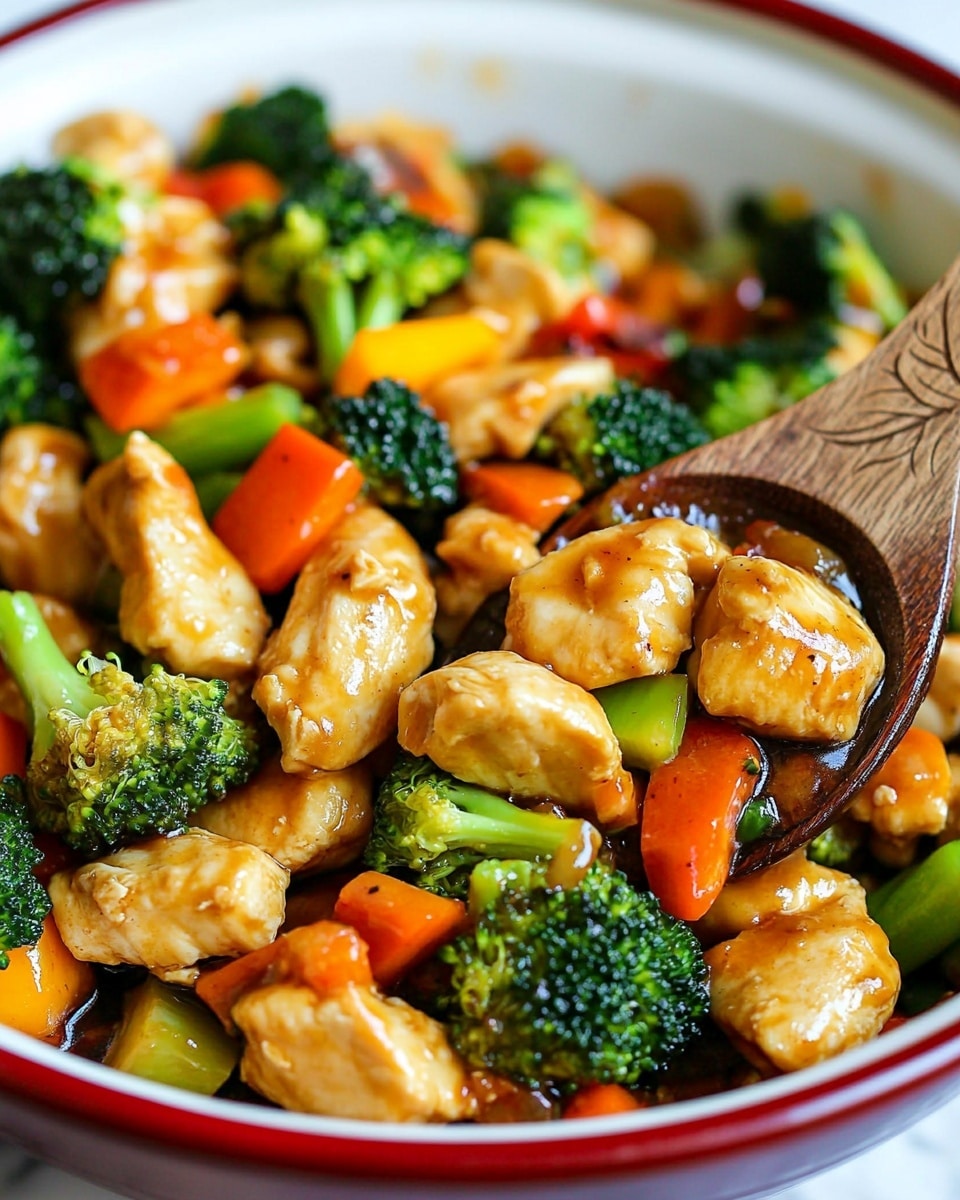 Chicken Stir Fry with Broccoli, Bell Peppers, and Carrots,Healthy Chicken Stir Fry with Vegetables,Quick Honey Soy Chicken Stir Fry,Easy Weeknight Stir Fry Recipe,Budget-Friendly Chicken and Veggie Stir Fry A colorful stir fry dish is served in a white bowl with blue geometric patterns. The dish has three main layers: at the bottom, there are chunks of light brown cooked chicken pieces, in the middle layer, vibrant green broccoli florets and bright orange carrot slices are mixed with pieces of yellow and red bell peppers, all coated with a shiny brown sauce. Small white sesame seeds are sprinkled over the top. Two wooden chopsticks stand upright in the bowl, and the background shows a blurred red pan with more food on a white marbled surface.