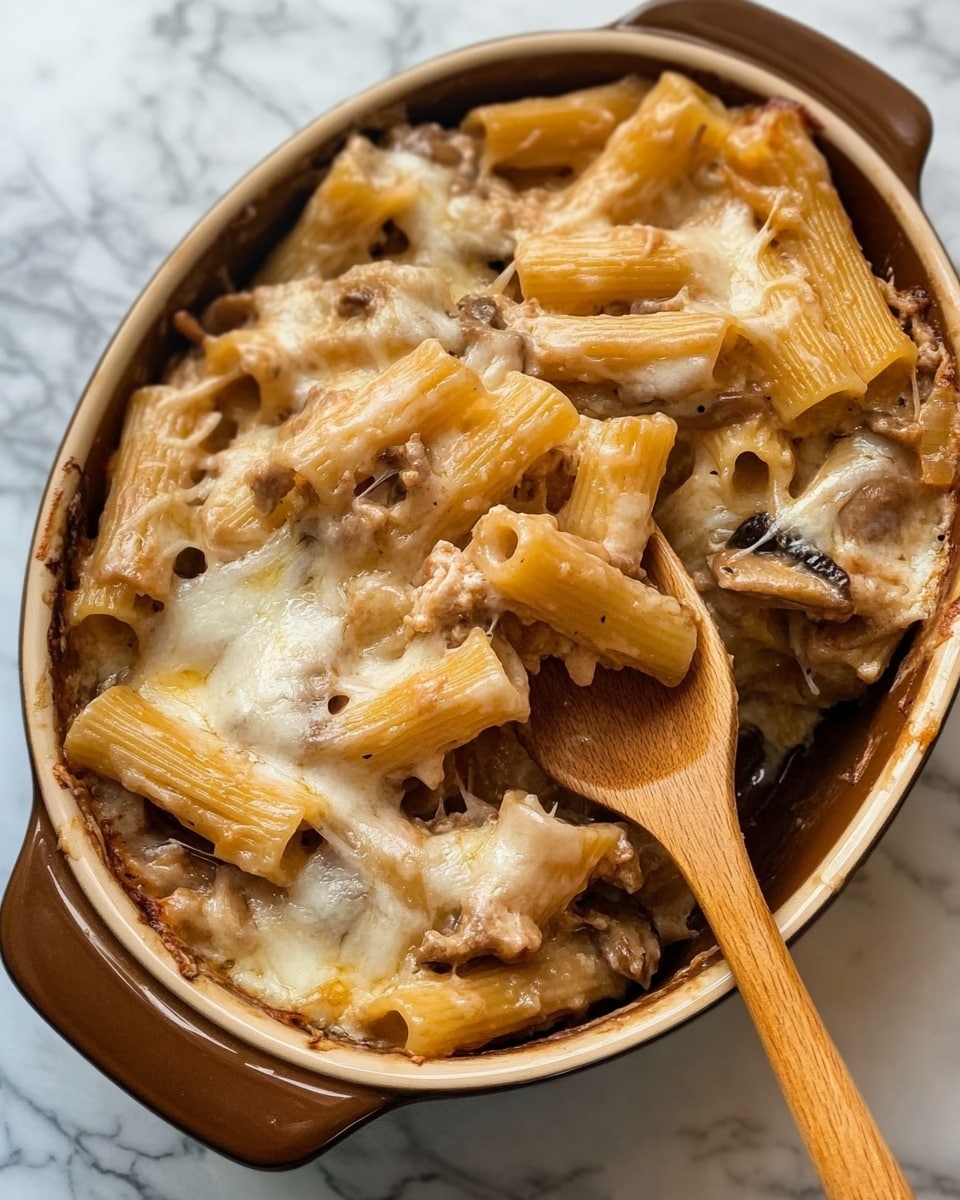 Creamy French Onion Pasta, French Onion Pasta, Easy French Onion Pasta, Gourmet Pasta Dinner, Comforting Pasta Recipes An oval brown ceramic dish filled with baked pasta and mushrooms is placed on a white marbled surface. The pasta is rigatoni, showing a light golden beige color with some pieces slightly browned on top. Mixed throughout are soft, thinly sliced mushrooms in a pale brown sauce that looks creamy and melted. On top of the pasta, there are melted cheese strands blending with the sauce. A wooden slotted spoon rests inside the dish, partially lifting some pasta and mushrooms, showing the creamy texture. The side handles of the dish arch gently upwards.