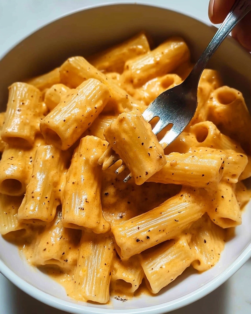 Creamy French Onion Pasta, French Onion Pasta, Easy French Onion Pasta, Gourmet Pasta Dinner, Comforting Pasta Recipes A white bowl filled with large, tube-shaped pasta covered in a creamy, orange-brown sauce. The sauce looks thick and smooth, coating each pasta piece evenly. There are small black specks, likely ground pepper, sprinkled on top. A silver fork lifts one piece of pasta, showing the sauce stretching slightly from the fork to the bowl. The background has a white marbled texture.