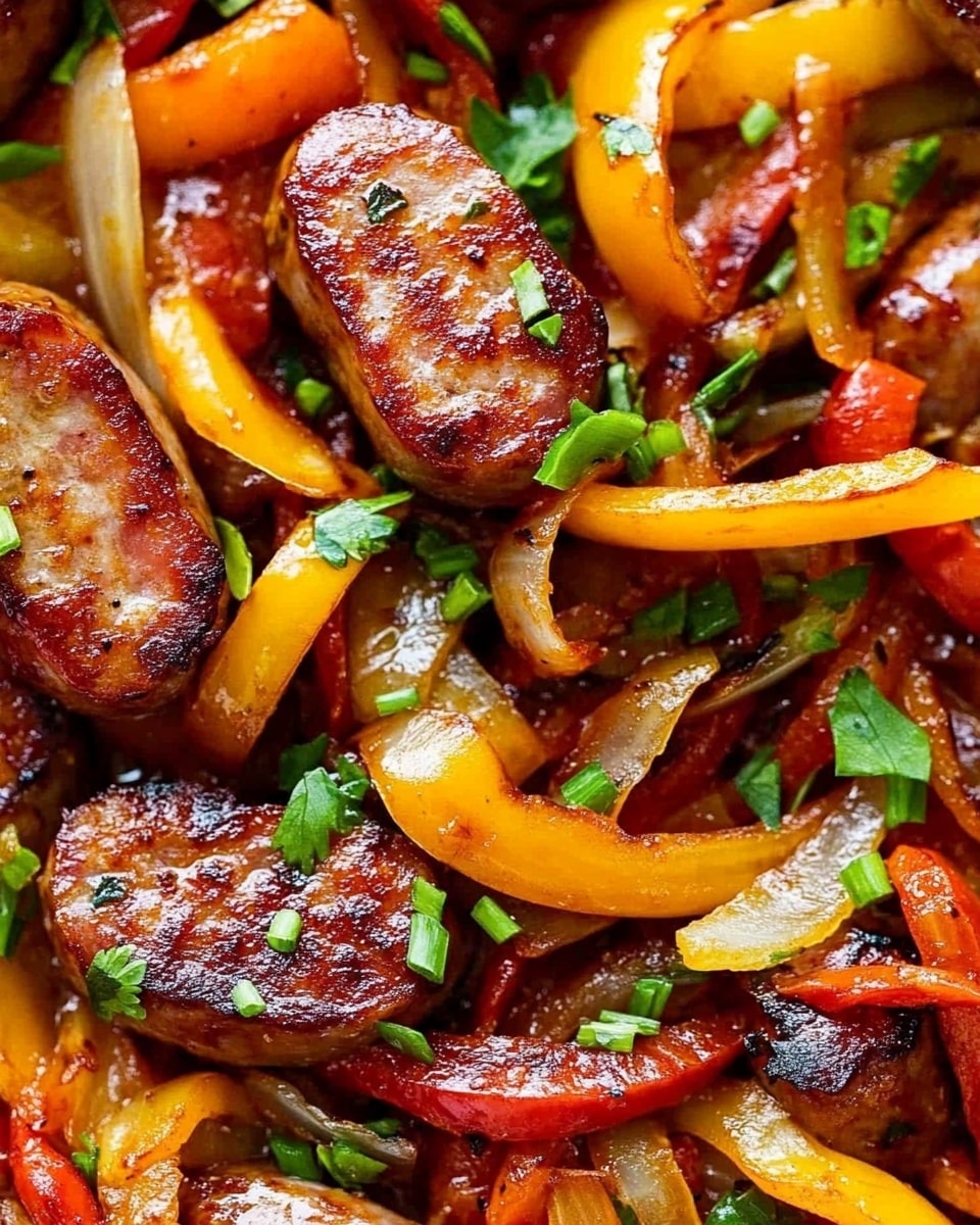 Sausage and Peppers Skillet, sausage and peppers dinner, quick sausage skillet recipe, easy sausage and peppers meal, one-pan sausage recipe The image shows a close-up of a pan filled with a cooked dish made of thick round slices of browned sausage mixed with long thin strips of red, yellow, and orange bell peppers and light brown cooked onion slices. The sausage pieces have a slightly crispy texture on the edges, and the peppers look soft but still colorful, with a few bright green onion slices and small green herb leaves scattered on top. The pan is silver and metallic, placed on a white marbled surface. The scene captures the juicy and sizzling look of the food.