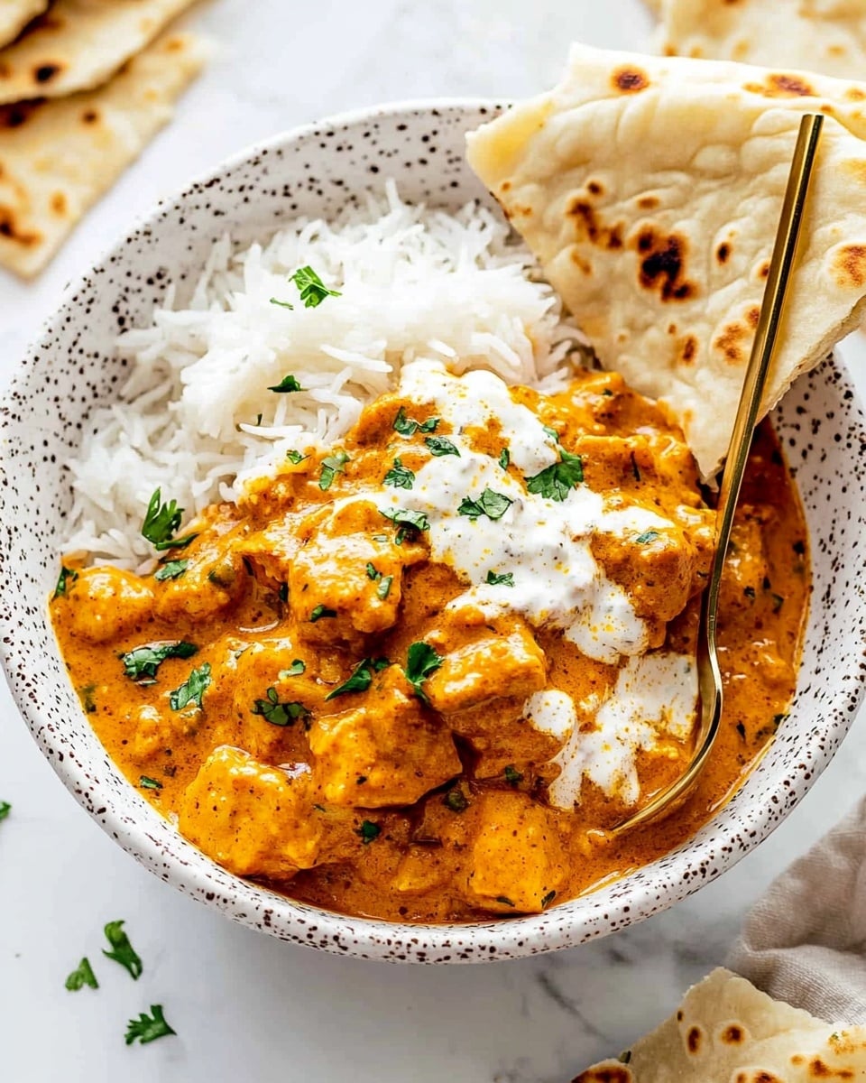 A white bowl filled with fluffy white rice at the bottom, topped with a thick, orange-brown curry containing chunky pieces of meat and small bits of green herbs sprinkled on top. On the side inside the bowl, there are two pieces of light brown naan bread with darker charred spots, resting against the rice and curry. The bowl is placed on a white marbled surface. A spoon is partially visible in the bowl, with a woman's hand gently holding the bowl's edge. photo taken with an iphone --ar 4:5 --v 6.1