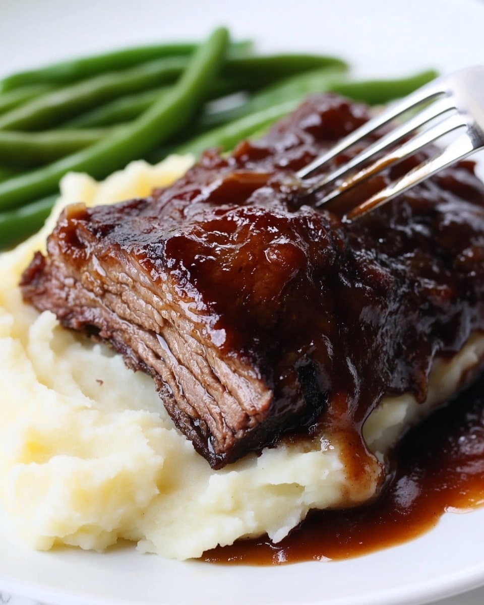 The image shows a white plate with three main layers: the bottom layer is creamy mashed potatoes, soft and smooth with a pale off-white color; on top of this sits a thick piece of dark brown, glazed meat with a shiny, slightly sticky texture; to the side of the meat and mashed potatoes are fresh green beans with a bright green color and a slightly crisp, natural texture. The plate is on a white marbled surface, and a fork rests in front of the plate. The background is blurred but shows a metallic kitchen appliance. Photo taken with an iphone --ar 4:5 --v 6.1