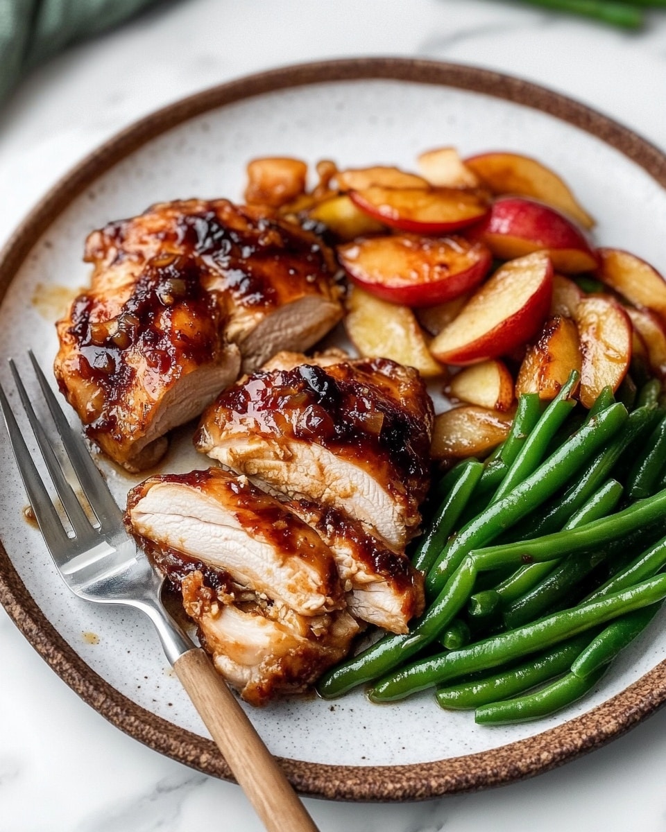 The image shows a white plate with three main parts: on the right side, there are bright green steamed green beans stacked closely together, looking fresh and shiny; below the green beans and slightly to the left, there is a grilled piece of brown chicken topped with three light red and pale yellow slices of cooked apple; on the left side of the plate, more grilled chicken pieces have a golden-brown color with visible grill marks and small bits of onion mixed in, with a few more apple slices underneath and around the chicken; the plate sits on a white marbled surface with a silver fork near the chicken and a wooden-handled knife resting on the surface beside the plate, photo taken with an iphone --ar 4:5 --v 6.1