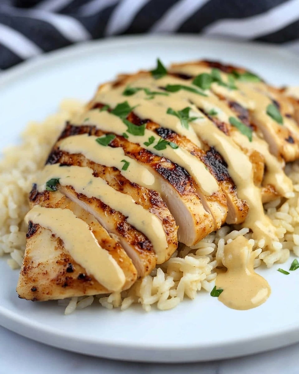The image shows a close-up of a black plate on a white marbled surface with a serving of seasoned rice as the base layer, which is light brown with small green herb bits mixed in. On top of the rice lies a sliced piece of browned, grilled chicken with a crispy texture and golden-brown color. The chicken is smothered in a creamy, light beige sauce with visible specks of herbs, and finely chopped green parsley is sprinkled on top, adding contrast. Photo taken with an iphone --ar 4:5 --v 6.1