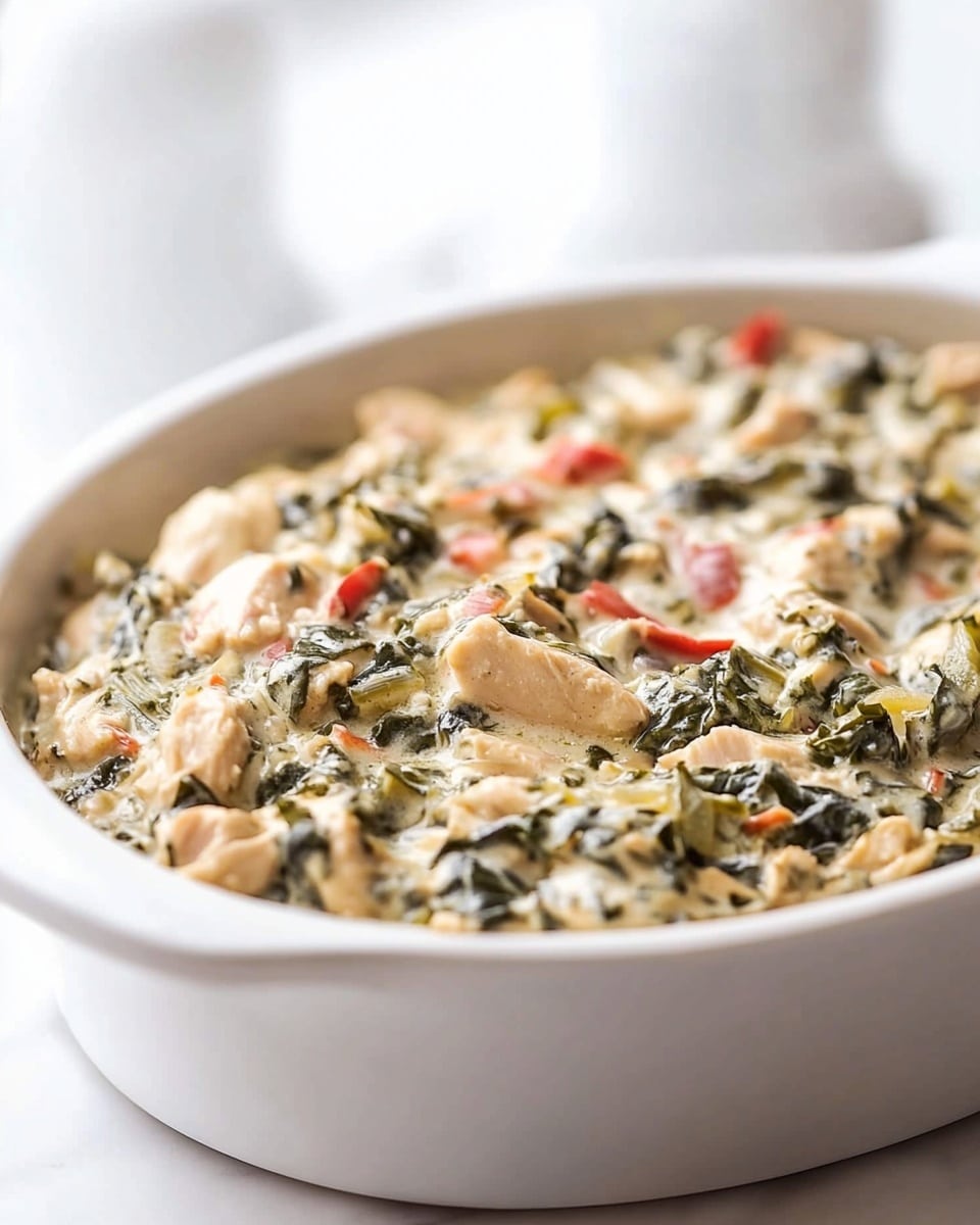A white oval ceramic dish holds a creamy, thick stew-like mixture with visible chunks of light-colored meat, wilted dark green leafy vegetables, and thin red strips spread throughout. The dish is placed on a beige and white checkered cloth over a white marbled surface. Salt and pepper shakers are blurred in the background, and a plain white bowl is partially visible in the bottom right corner. The texture of the stew looks rich and slightly glossy, with the ingredients mixed evenly in a single layer. Photo taken with an iphone --ar 4:5 --v 6.1