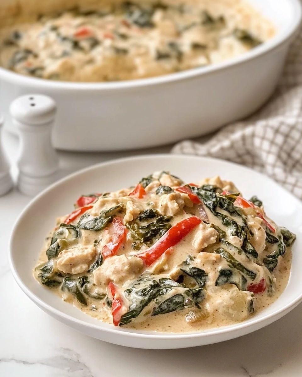 A serving of a creamy dish sits in a white bowl on a white marbled surface. The dish has soft chunks covered in a light yellow sauce, mixed with green leafy pieces and strips of red and green peppers scattered on top. Behind the bowl, a larger white casserole dish holds the rest of the creamy mixture filled with the same ingredients. A white salt shaker and a folded beige and black checkered cloth rest beside the dishes. The lighting is soft and natural, highlighting the smooth and creamy textures. photo taken with an iphone --ar 4:5 --v 6.1