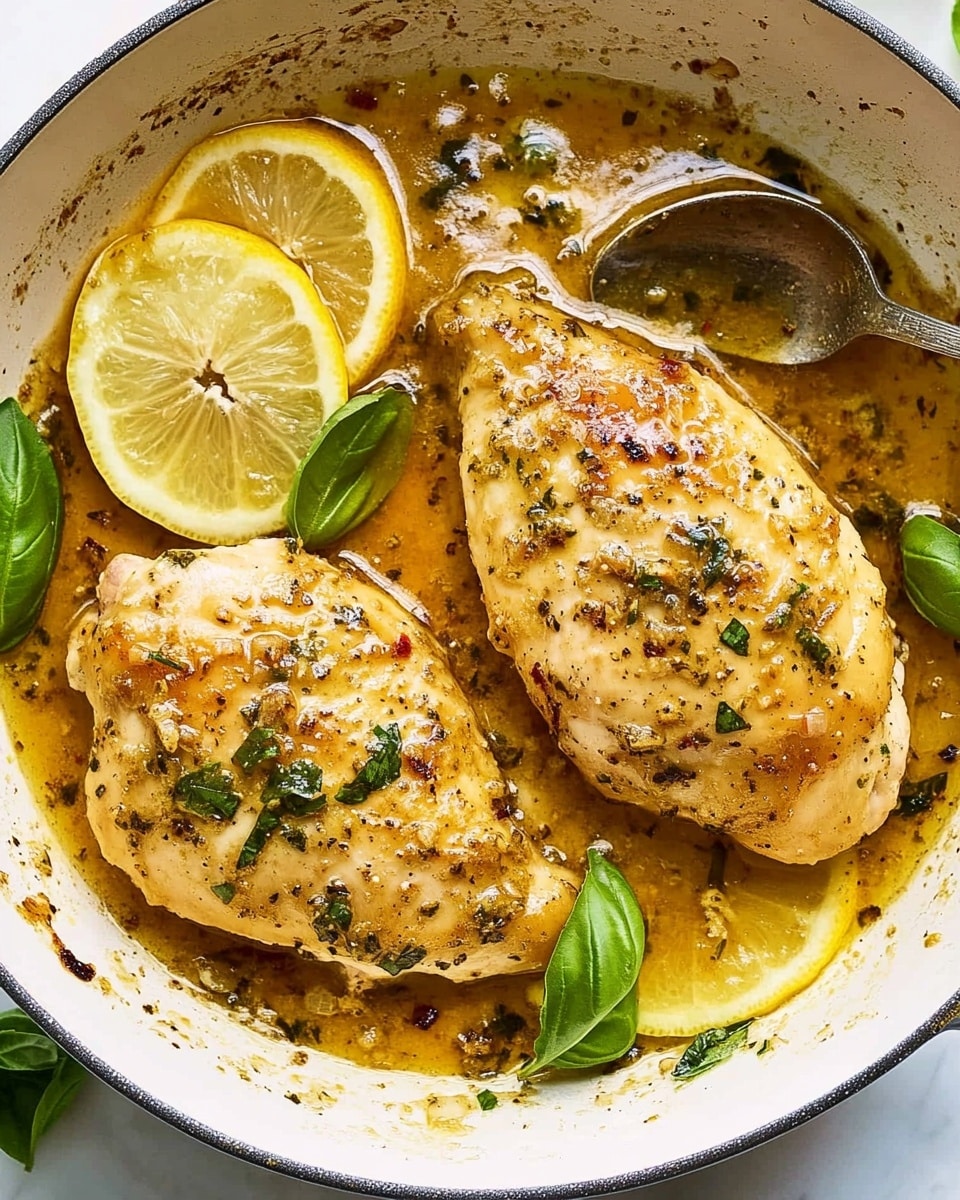 The image shows a close-up view of a white pan containing two cooked pieces of light brown chicken with visible herbs and spices sprinkled on them. The chicken sits in a golden yellow lemon butter sauce that has small garlic pieces floating in it. Thin lemon slices, pale yellow with white edges, are placed around the chicken. Bright green basil leaves are scattered on top of the chicken and sauce, adding color contrast. A shiny metal spoon with some sauce on it rests partially in the pan near the chicken. The whole scene is set on a white marbled surface. Photo taken with an iphone --ar 4:5 --v 6.1