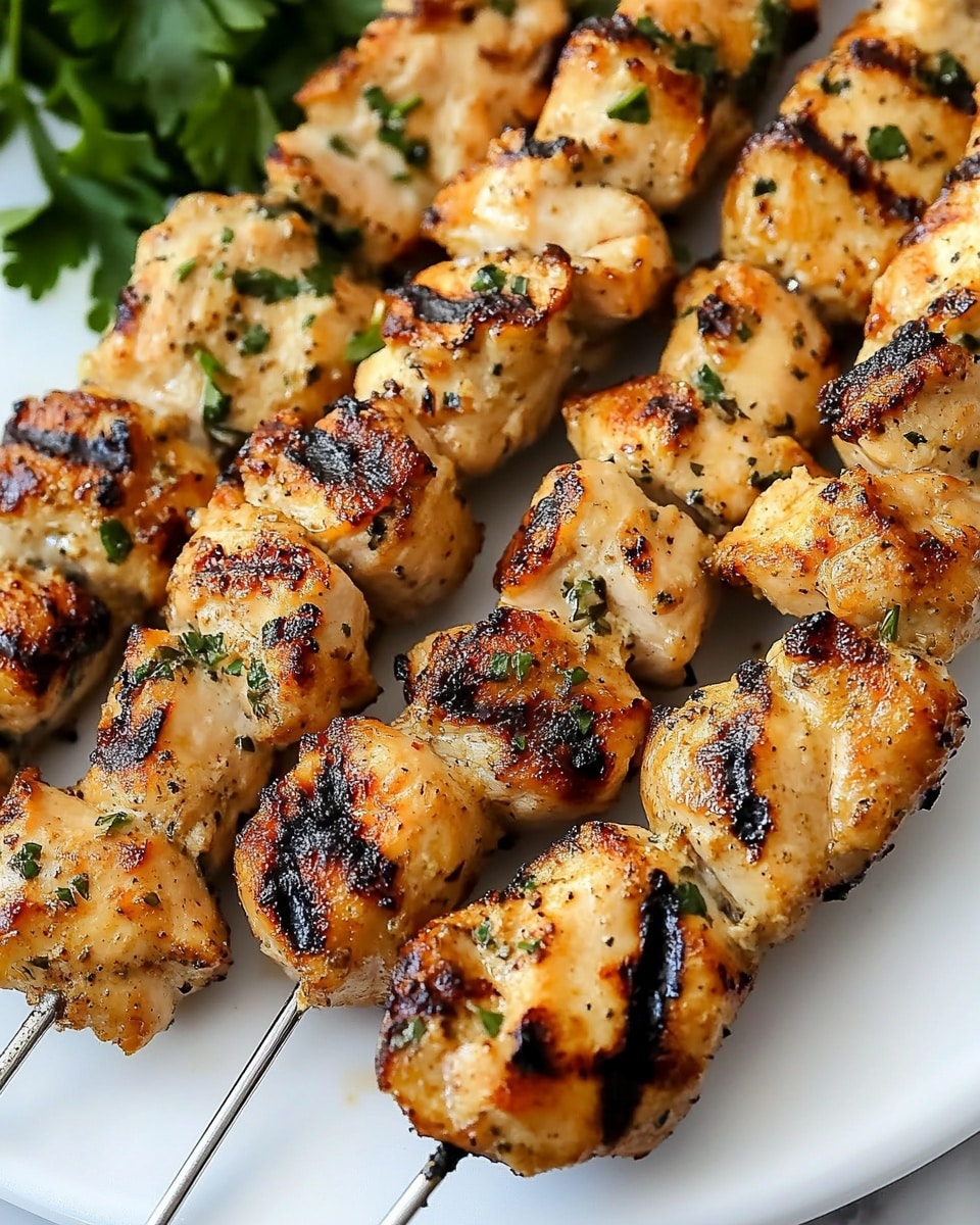 The image shows five grilled chicken skewers placed closely on a large white plate. Each skewer has several pieces of golden-brown chicken with a slightly charred surface, showing grill marks and a bit of crispiness. The chicken pieces are sprinkled with finely chopped green herbs. The plate is sitting on a white marbled surface, and the background features some fresh green leaves blurred out. The lighting highlights the juicy texture and the different shades of light brown and white on the chicken. photo taken with an iphone --ar 4:5 --v 6.1