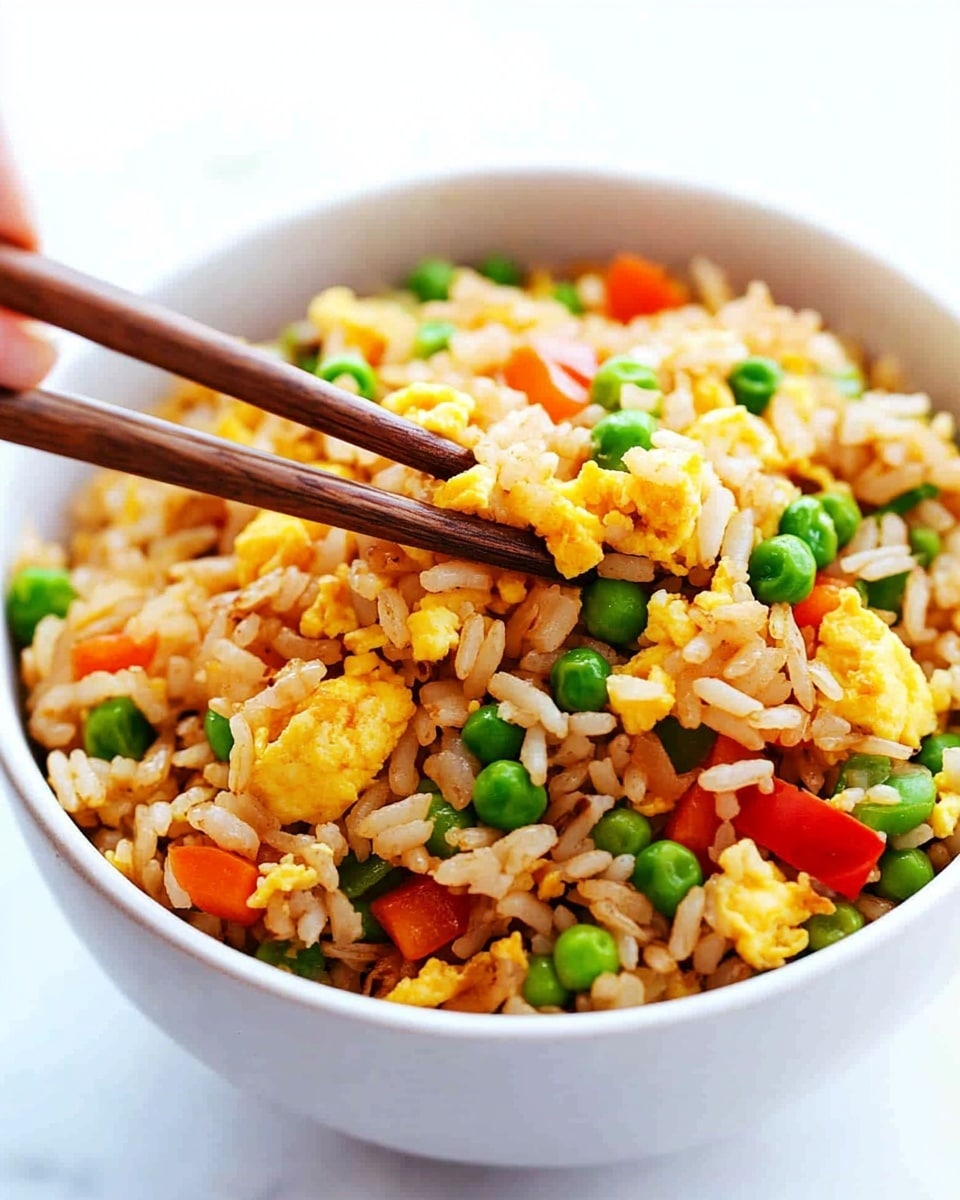 A metal pan filled with fried rice showing about four layers of mixed ingredients: a base of light brown cooked rice, scattered bright orange carrot cubes and small green peas, chunks of cooked scrambled yellow eggs, and tiny green onion slices sprinkled on top. The texture looks soft with a slight shine, and the colors are bright and fresh. The pan rests on a white marbled surface. photo taken with an iphone --ar 4:5 --v 6.1