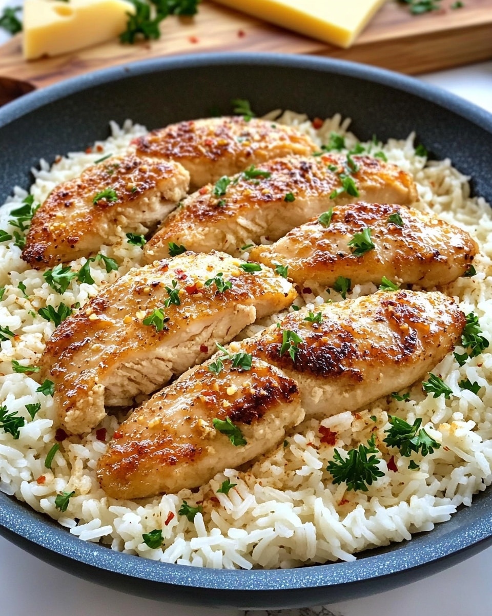 The image shows a large white bowl filled with a creamy bed of cooked rice as the bottom layer, light in color with a soft, fluffy texture that fills the bowl. On top, six pieces of golden-browned grilled chicken are scattered evenly across the rice, each piece showing a slightly crispy and textured surface with hints of herbs and spices. Small green parsley leaves are sprinkled generously over the entire dish, adding a fresh contrast in color. The bowl is placed on a white marbled surface with a wooden cutting board and a block of cheese in the blurred background. The scene has natural light highlighting the colors and textures. Photo taken with an iphone --ar 4:5 --v 6.1