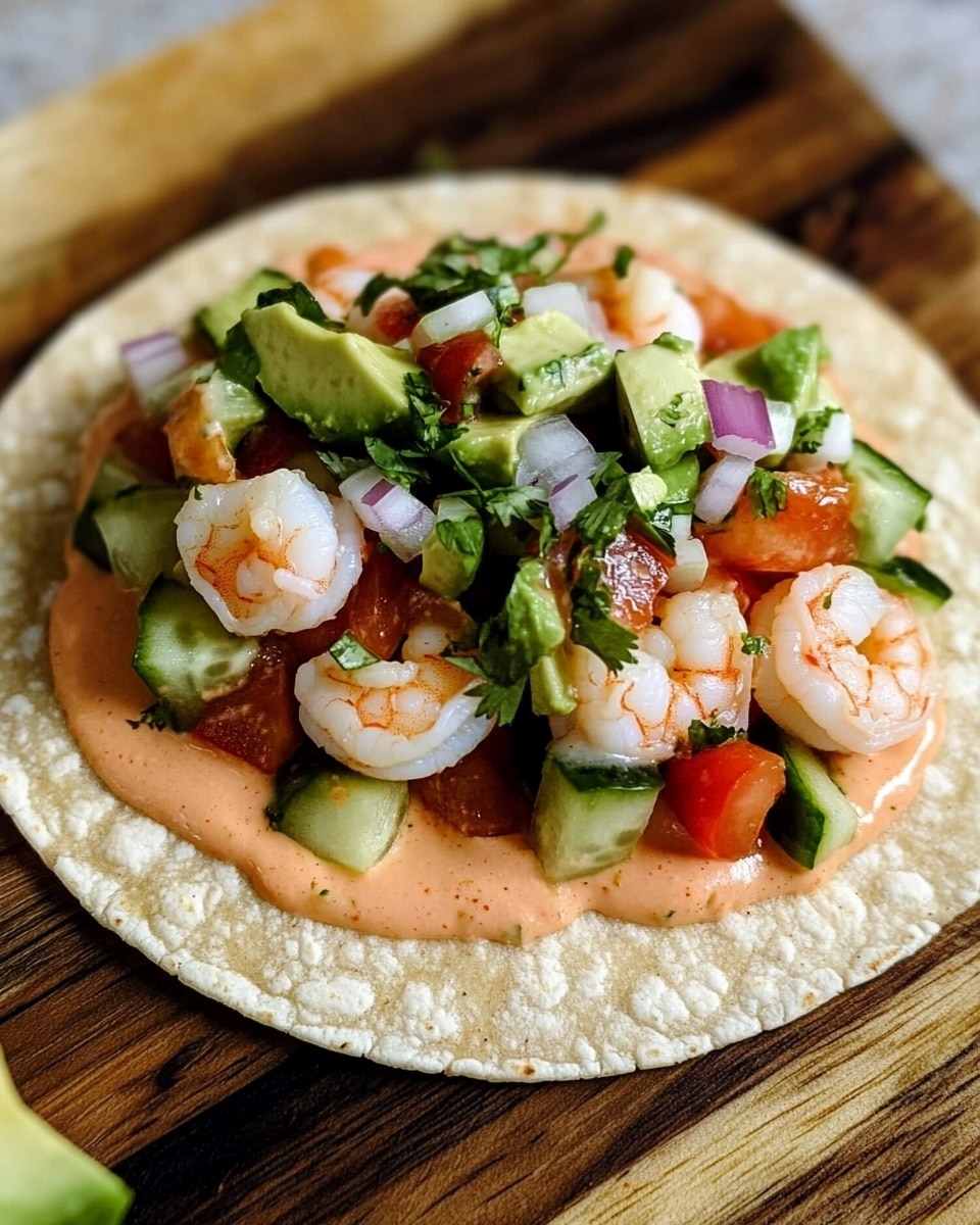 A close-up of a single round light yellow corn tortilla on a wooden board with creamy pink sauce spread evenly on top. On the sauce, there are small pieces of white shrimp, bright green avocado cubes, small red cherry tomato halves, chopped cucumber, and tiny bits of purple onion scattered around. Fresh green cilantro leaves are sprinkled on the shrimp mix. Another similar tortilla with toppings is slightly visible in the background. photo taken with an iphone --ar 4:5 --v 6.1