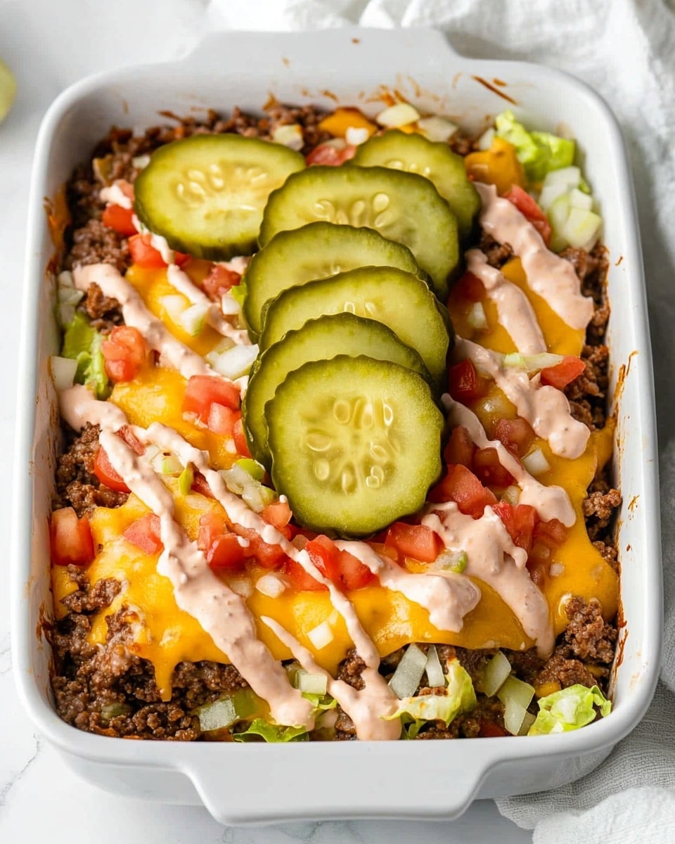 A white square dish holds a layered taco casserole with a base layer of brown cooked ground meat mixed with melted orange cheddar cheese. Over the top, creamy pinkish-orange sauce is drizzled unevenly. In the center, there is a layer of light green shredded lettuce, with bright red diced tomatoes and small pieces of white onion scattered on top. Five thick, green pickle slices are placed on top of the vegetables. The dish sits on a white marbled surface with a white cloth nearby, and a woman's hand is reaching toward a side bowl with shredded lettuce visible. photo taken with an iphone --ar 4:5 --v 6.1