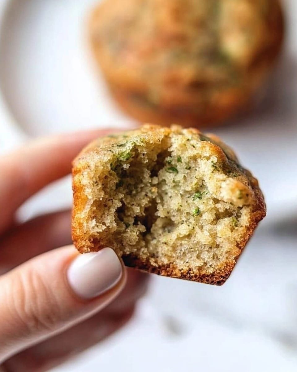 A close-up view of a woman's hand holding a broken piece of a small muffin, showing a soft and moist inside with green specks, likely from herbs or vegetables, and a slightly golden brown outside. The background features a white plate with crumbs scattered on a white marbled surface, slightly blurred to emphasize the muffin piece in the foreground. Photo taken with an iphone --ar 4:5 --v 6.1