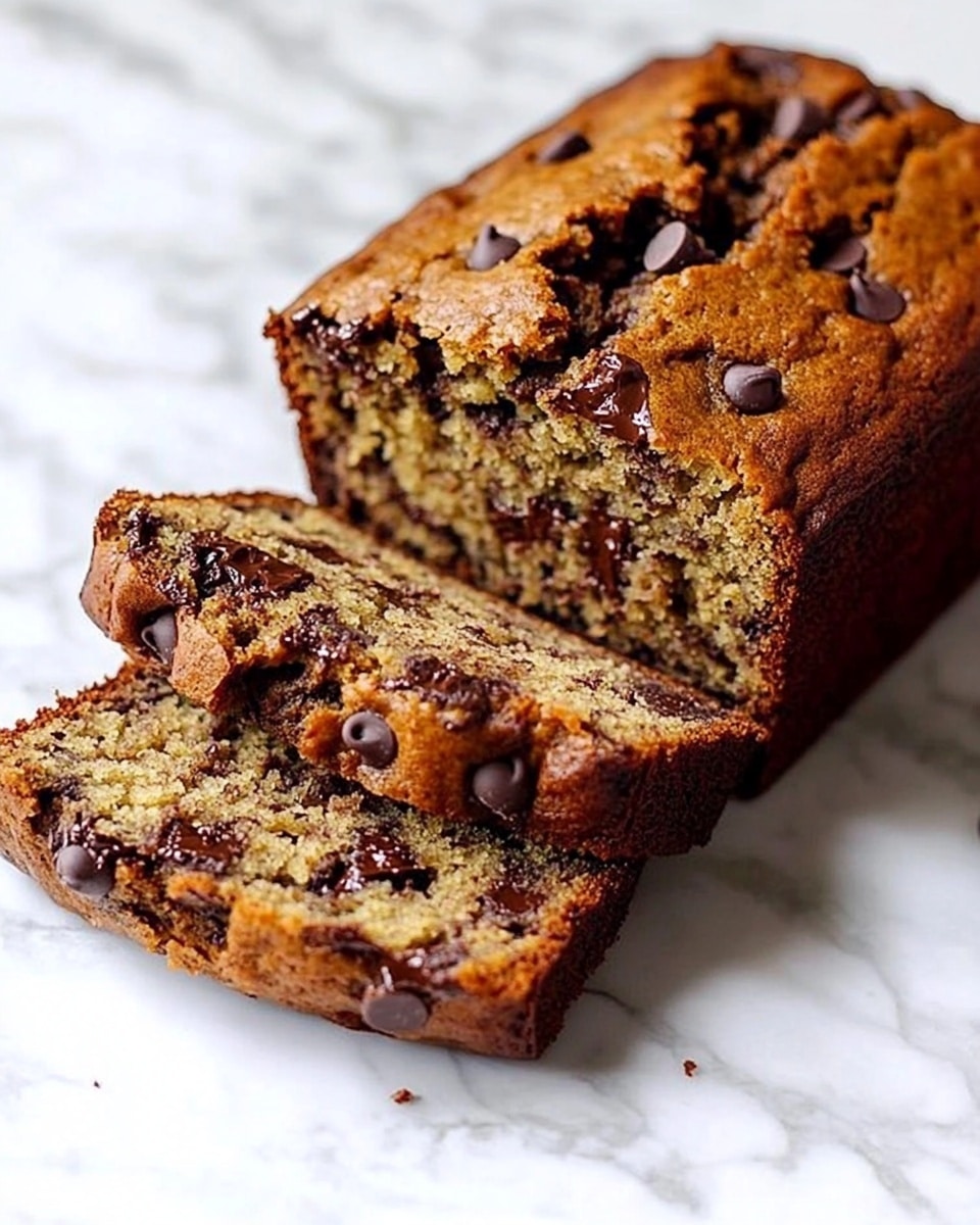 The image shows a sliced loaf of chocolate chip banana bread placed on a white marbled surface. The bread has a dense, moist texture with a golden-brown crust, and plenty of dark chocolate chips are embedded both inside the slices and scattered on top. Three slices are laid in front of the remaining loaf, angled slightly upwards to display their soft, speckled interior with visible bits of banana and melted chocolate. The background is softly blurred, focusing on the bread's rich, inviting layers. Photo taken with an iphone --ar 4:5 --v 6.1