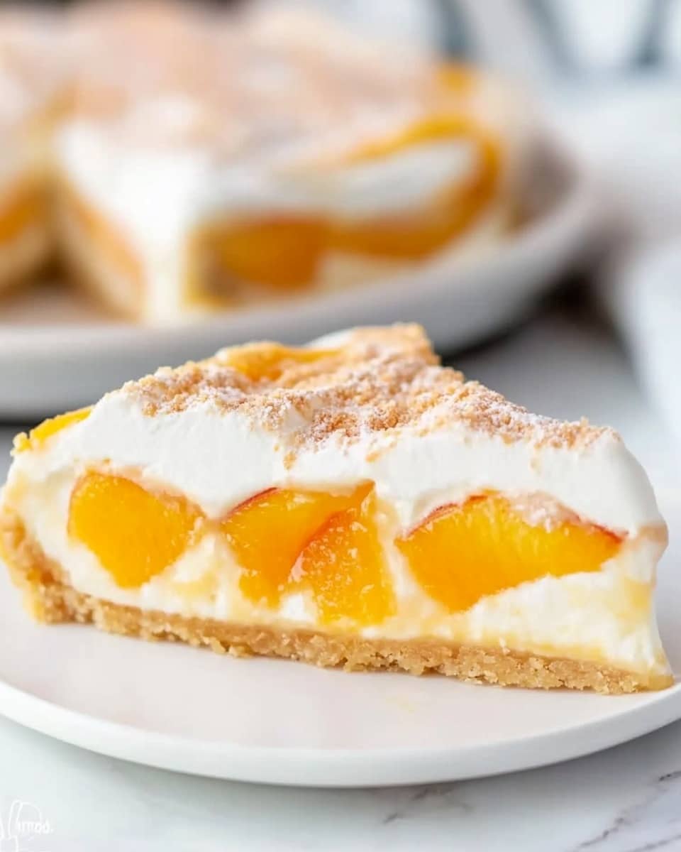 A single slice of peach dessert sits on a white plate, showing three distinct layers: the bottom layer is a light golden brown crust with a slightly crumbly texture, the middle layer is filled with soft, orange peach chunks that look juicy, and the top layer is a thick, creamy white topping dusted with a light brown powder, possibly cinnamon. In the blurred background, there are more slices on white plates on a white marbled surface. Photo taken with an iphone --ar 4:5 --v 6.1
