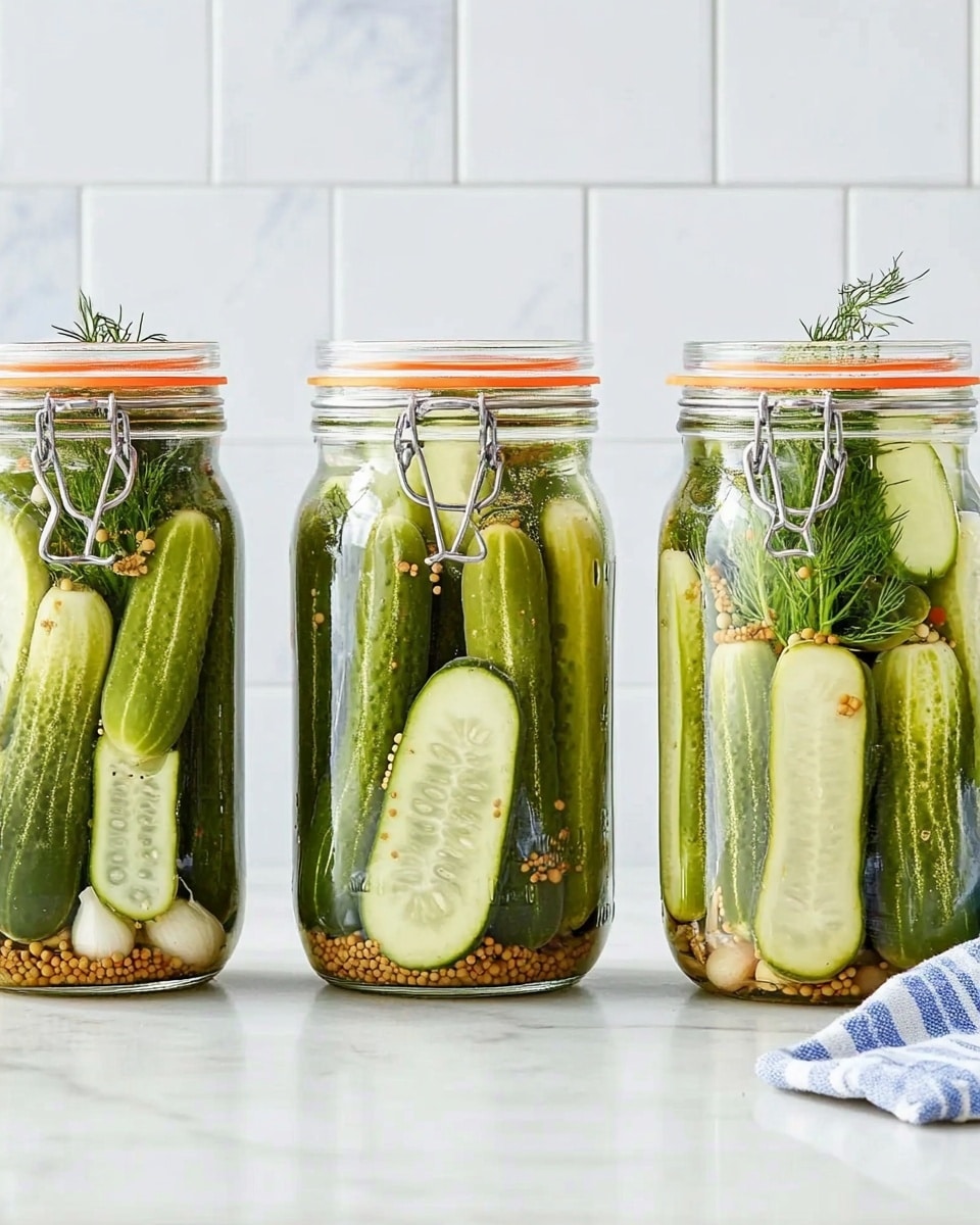 Three tall clear glass jars with clips on top sit side by side on a white marbled surface. Each jar is filled vertically with long green cucumber spears, green chili peppers, and whole garlic cloves in a clear pickling liquid. Small mustard seeds, peppercorns, and sprigs of fresh dill are mixed inside, adding little spots of brown, black, and green. The background is white tiled, giving a clean kitchen feel. The jars show a fresh, crunchy texture with bright natural green colors. photo taken with an iphone --ar 4:5 --v 6.1