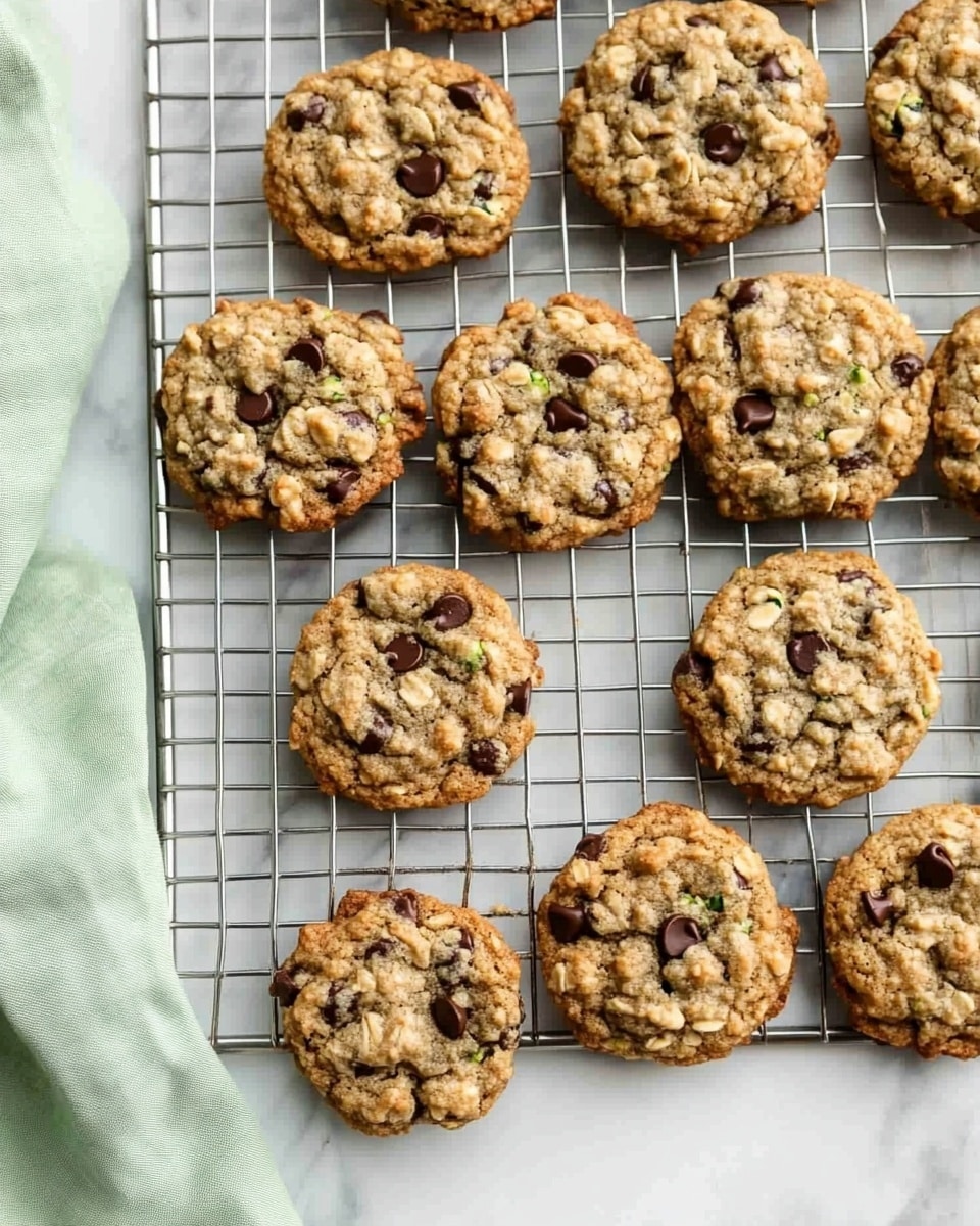The image shows a white plate with colorful dots, holding seven round, brownish-green oatmeal cookies with dark chocolate chips spread across their surface. There are three more cookies placed on the white marbled surface around the plate. To the right side, a dark green zucchini is positioned diagonally. In the upper right corner of the image, a white bowl filled with dark chocolate chips is visible. The whole scene is set on a white marbled background. photo taken with an iphone --ar 4:5 --v 6.1
