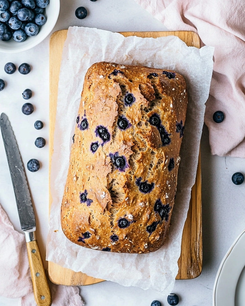 A single slice of moist blueberry zucchini bread sits on a white plate with a textured rim. The bread has a golden brown crust and a dense, moist inside filled with dark purple blueberry chunks and small green zucchini pieces evenly spread throughout. The plate rests on a white marbled surface scattered with fresh blueberries. In the background, a second plate holds another slice of the same bread and two silver vintage-style forks lie next to it. A soft pale pink cloth is partially visible near the bottom edge of the image. photo taken with an iphone --ar 4:5 --v 6.1