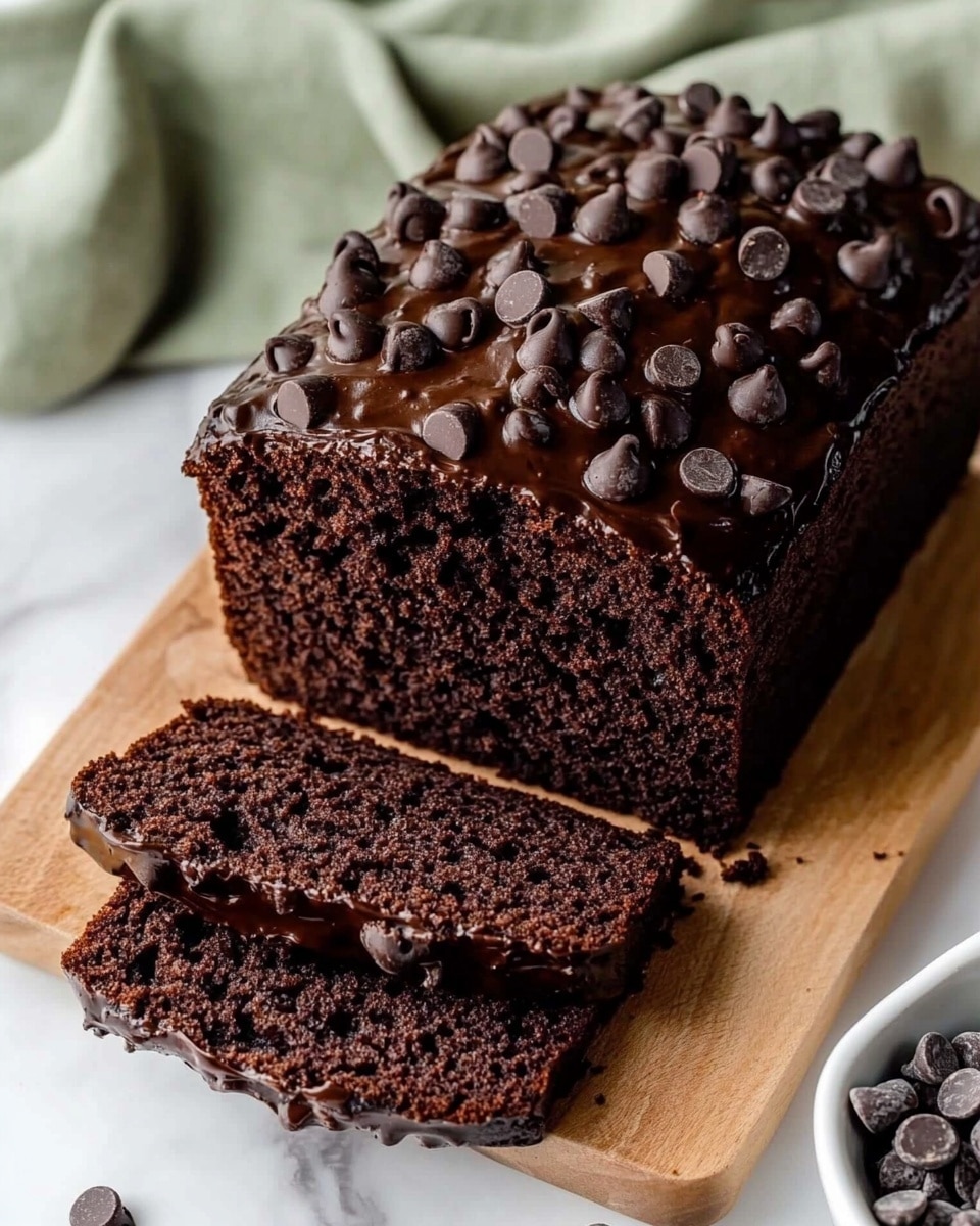 A dark chocolate loaf cake with a rich and moist texture is shown on a wooden cutting board placed on a white marbled surface. The loaf is partially sliced, revealing two thick, even slices in the front, both filled with melty dark chocolate chips scattered throughout the dense, soft crumb. The top layer of the loaf is slightly cracked and studded generously with glossy chocolate chips, adding a textured contrast to the smooth inside. Behind the cutting board, a soft, light green cloth is casually folded, adding a splash of color to the scene. Near the lower left corner, part of a white bowl filled with more dark chocolate chips is visible. photo taken with an iphone --ar 4:5 --v 6.1