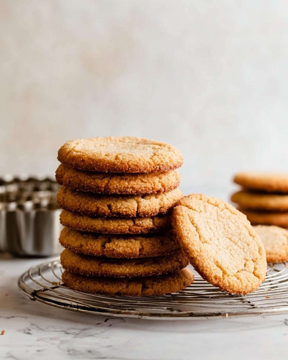 The image shows a stack of eight round, golden brown cookies with a slightly rough texture, each one thin and evenly baked. The cookies are stacked one on top of the other on the left side of a round metal cooling rack, while two more cookies stand vertically leaning on each other to the right of the stack. The cookies have a light sprinkle of sugar on top, giving a slight sparkle. The surface beneath the rack has a white marbled texture, and the background is a soft, light neutral color. Photo taken with an iphone --ar 4:5 --v 7