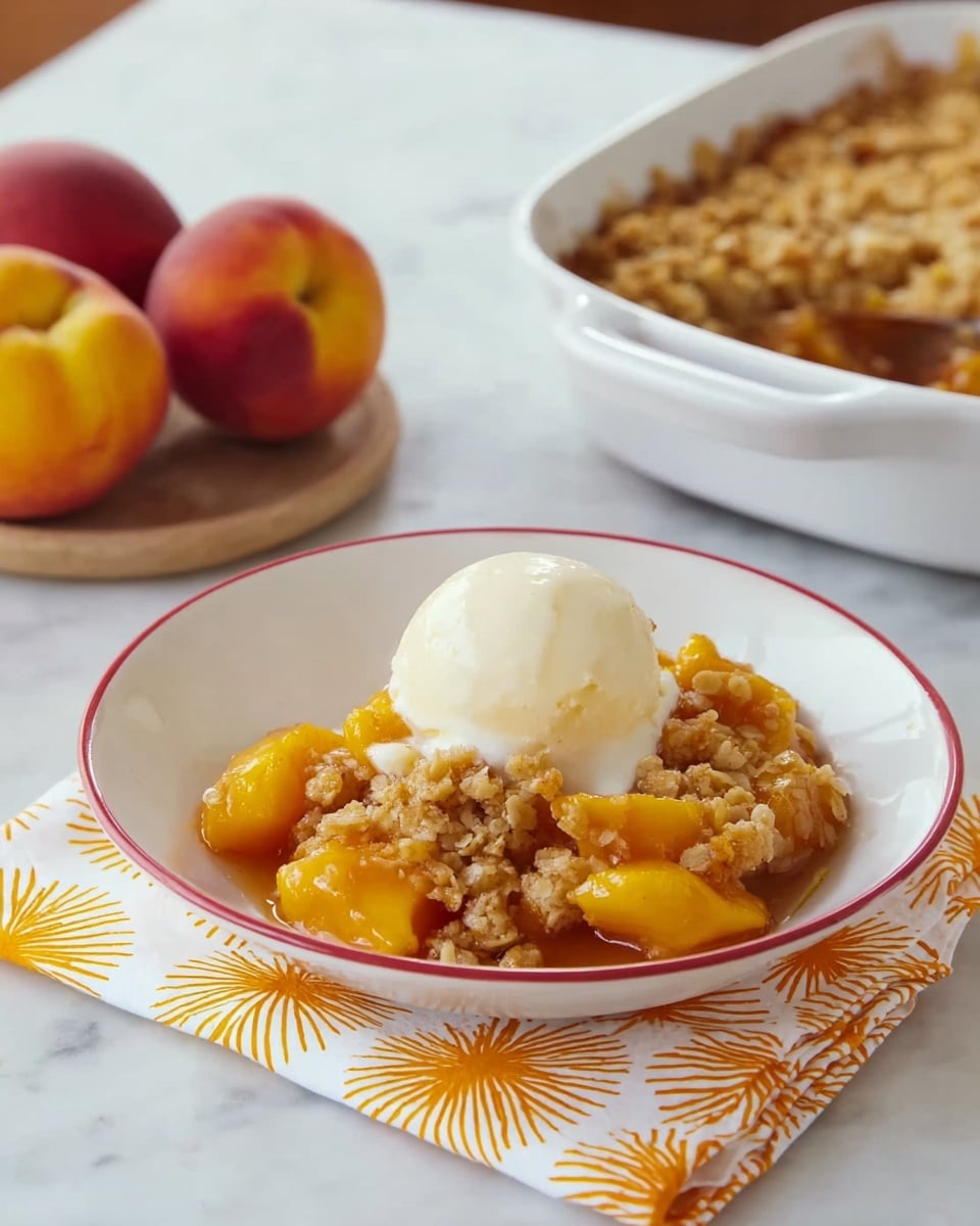A white bowl with a thin orange rim holds a dessert with three layers: at the bottom are bright orange peach chunks in a light syrup, on top is a rough golden-brown crumble texture, and on the very top is a smooth white scoop of ice cream slightly melting over the crumble. The bowl sits on a folded white cloth with a faint pastel pattern on a white marbled surface. In the background, there is a white baking dish filled with more crumble and two whole peaches placed beside it. Photo taken with an iphone --ar 4:5 --v 7