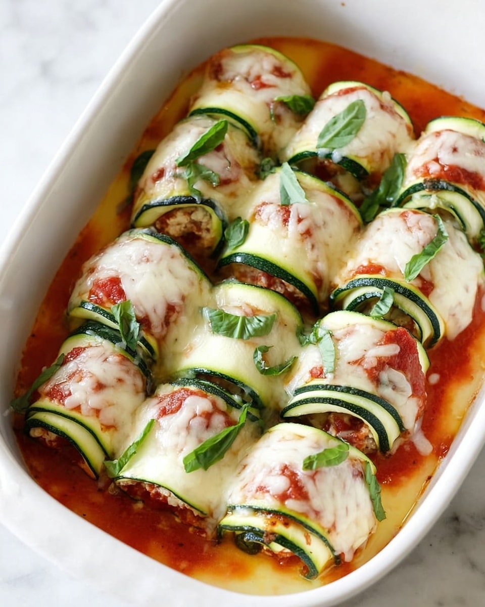 The dish shows a white baking dish filled with several rolled zucchini slices, each made of thin green zucchini layers wrapped around a filling with red tomato sauce and a layer of melted white cheese on top. The rolls are arranged in rows and sprinkled with small pieces of fresh green basil. The sauce beneath is light reddish, peeking through between the rolls, and the melted cheese has a smooth, slightly bubbly texture, covering each roll evenly. The dish sits on a white marbled surface. Photo taken with an iphone --ar 4:5 --v 7