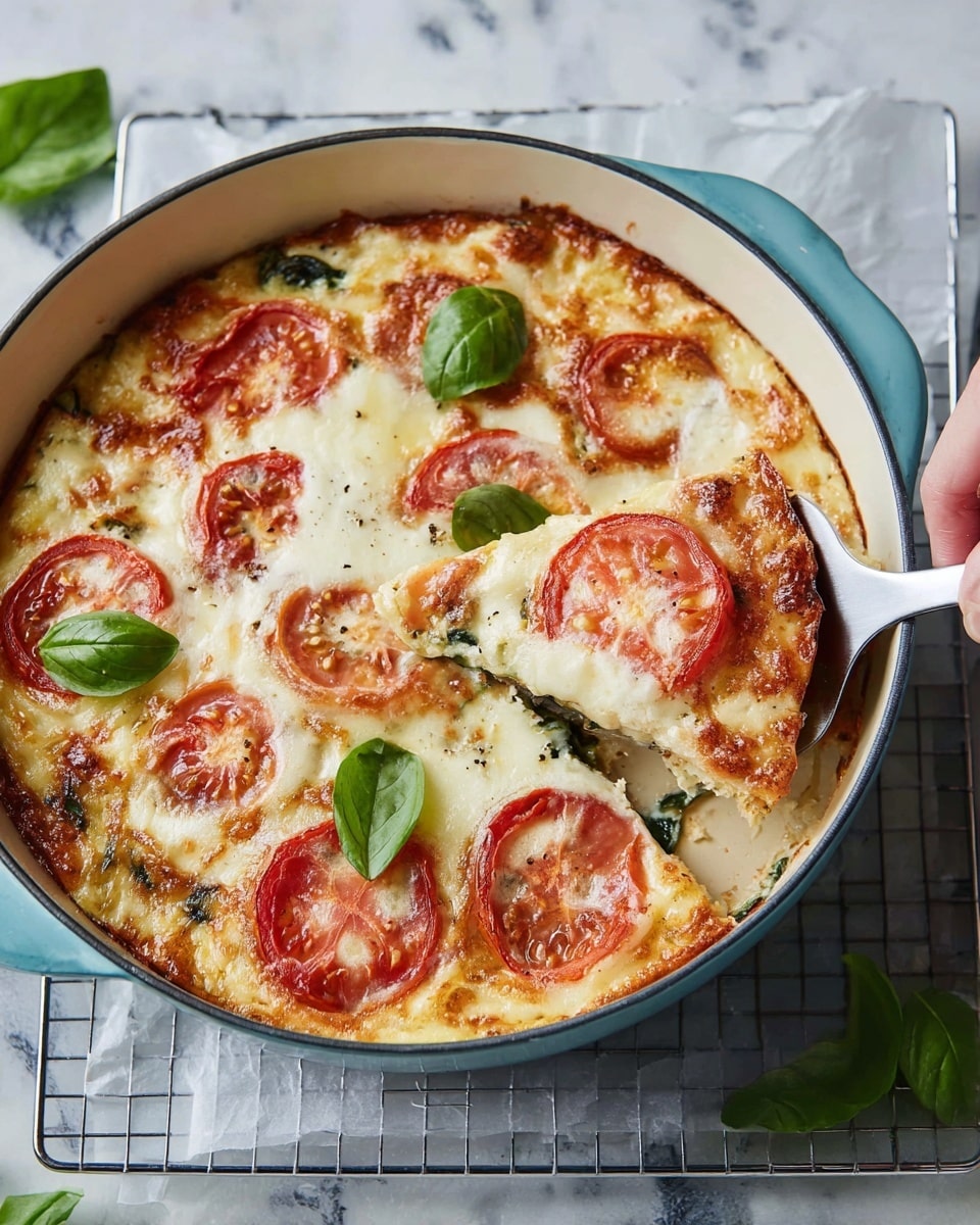 A baked dish in a white round ceramic baking dish with handles shows several layers. The bottom layer is a soft, creamy white base. On top of this are green leafy vegetables, partially covered by a layer of melted white cheese that is golden brown in spots. This cheese layer has evenly placed red tomato slices with slightly browned melted cheese on top of each slice. A few fresh green basil leaves are scattered on top for color. A metal spatula with a black handle lifts one portion from the side, all set on a white marbled surface. photo taken with an iphone --ar 4:5 --v 7