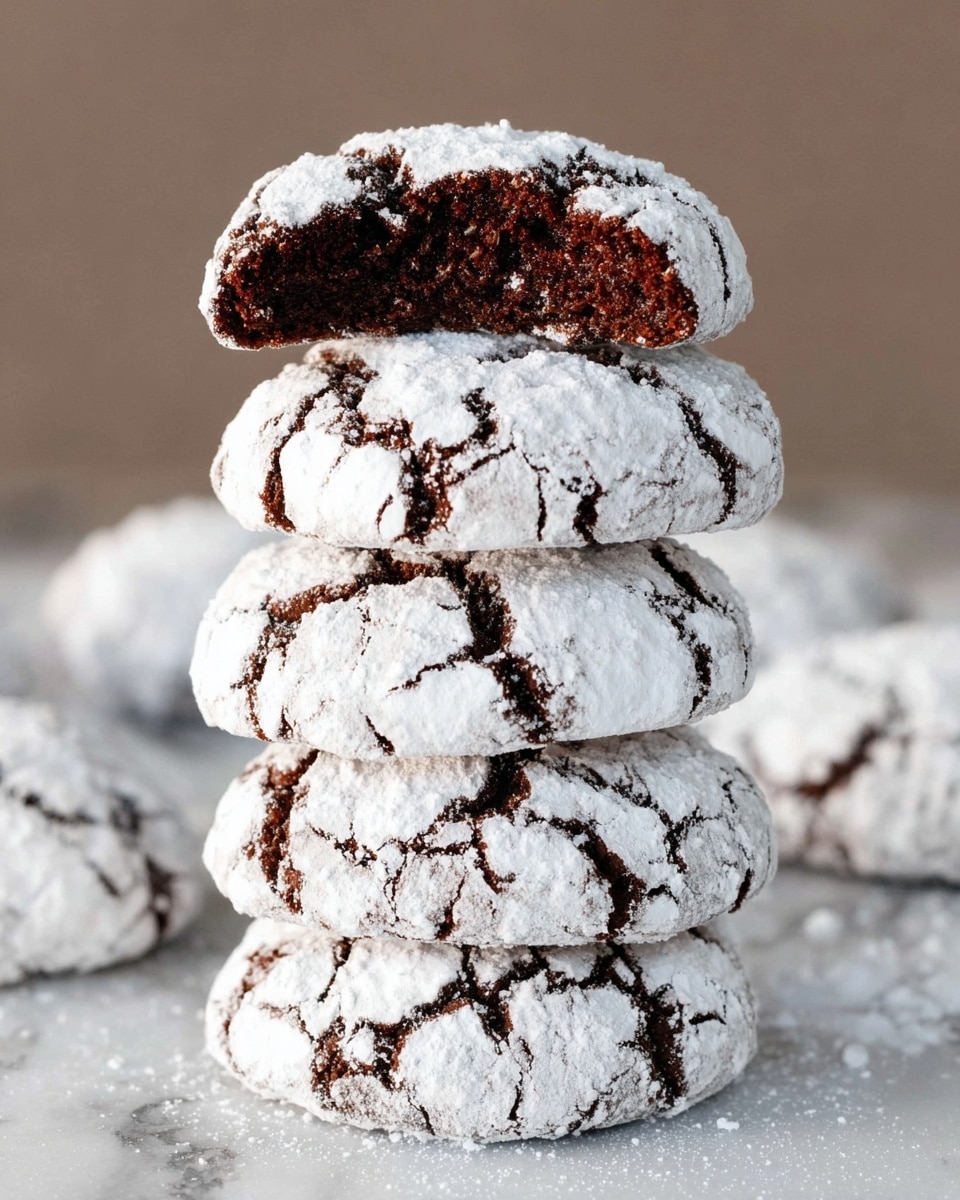 A stack of five round chocolate cookies covered in cracked white powdered sugar is placed on a white marbled surface; the top cookie is broken in half and shows a dark, moist interior with a soft texture, while the outer layer has deep cracks revealing the dark cookie beneath the white sugar dust; in the background, more cookies are blurred. Photo taken with an iphone --ar 4:5 --v 7