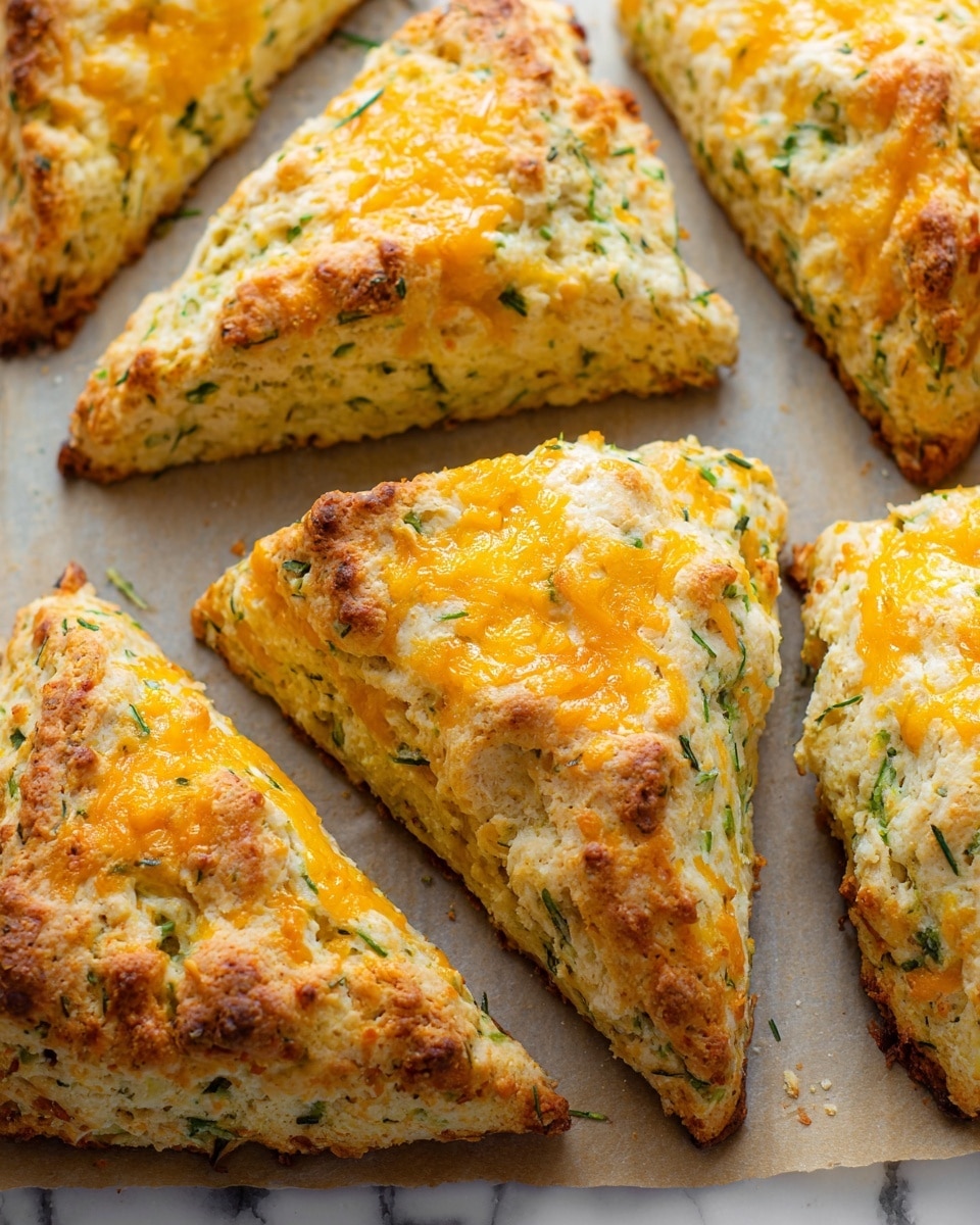 The image shows triangular scones placed on parchment paper over a baking tray. Each scone has a light golden crust with visible pieces of shredded yellow cheese melted on top, giving a slightly rough texture. Interspersed within the cheese are thin green vegetable strands, likely zucchini, adding a mix of green hues to the top layer. The scone dough layer underneath looks soft and crumbly, with a pale beige color unevenly baked, showing a few small cracks and an airy interior. The overall color palette of the scones is warm yellow and light beige with green accents. The background is a white marbled texture. photo taken with an iphone --ar 4:5 --v 7
