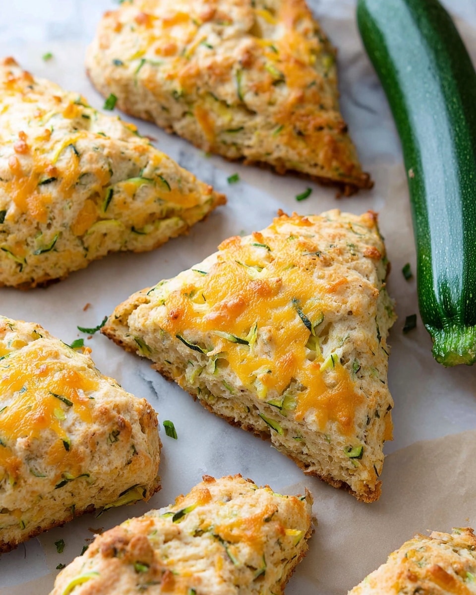 The image shows several triangular scones placed on parchment paper over a white marbled surface, each scone topped with melted golden-yellow cheese and thin green herbs scattered throughout the dough. The scones have a rough, crumbly texture with visible small chunks and a slightly browned edge, giving them a baked, rustic look. To the right side, a whole green zucchini rests on the white marbled surface, adding a fresh element to the scene. The scones are arranged closely but not touching, showing their thick, fluffy layers inside. photo taken with an iphone --ar 4:5 --v 7