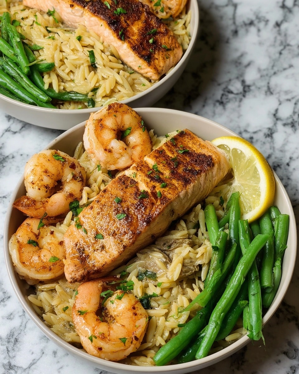 Two white bowls sit on a white marbled surface, each filled with a three-layer meal. The bottom layer is a creamy, light brown rice mixed with small green herbs. On top of the rice, there is a golden-brown grilled salmon fillet with visible grill marks and some herbs scattered on it. Around the salmon, there are several orange shrimp that look seasoned and cooked, placed on the rice edge and around the fish. On one side of the bowl, a small bunch of bright green cooked green beans rests neatly. Each bowl is garnished with a thin round lemon slice placed on the rice near the green beans. The photo is taken with an iphone --ar 4:5 --v 7