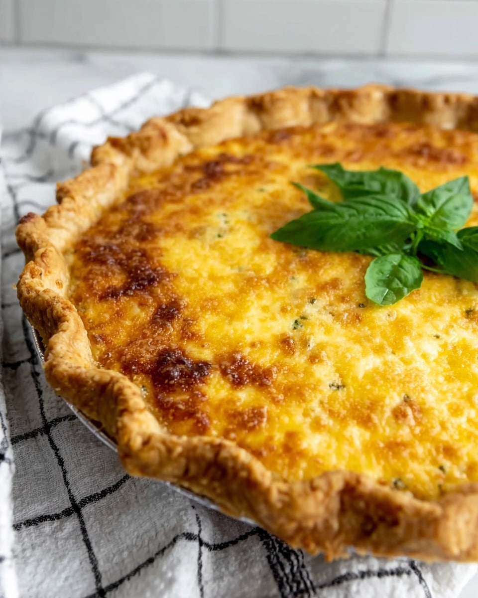 A golden brown pie with a thick, crimped crust forms the base and edge, filled with a bubbly, slightly browned layer of melted cheddar cheese on top. The cheese filling has a mixed texture of smooth and lightly crispy spots, with hints of a softer layer beneath. A fresh, bright green basil leaf sits on the top right side as a garnish. The pie rests on a white cloth with subtle stripes, set against a white marbled surface background. Photo taken with an iphone --ar 4:5 --v 7