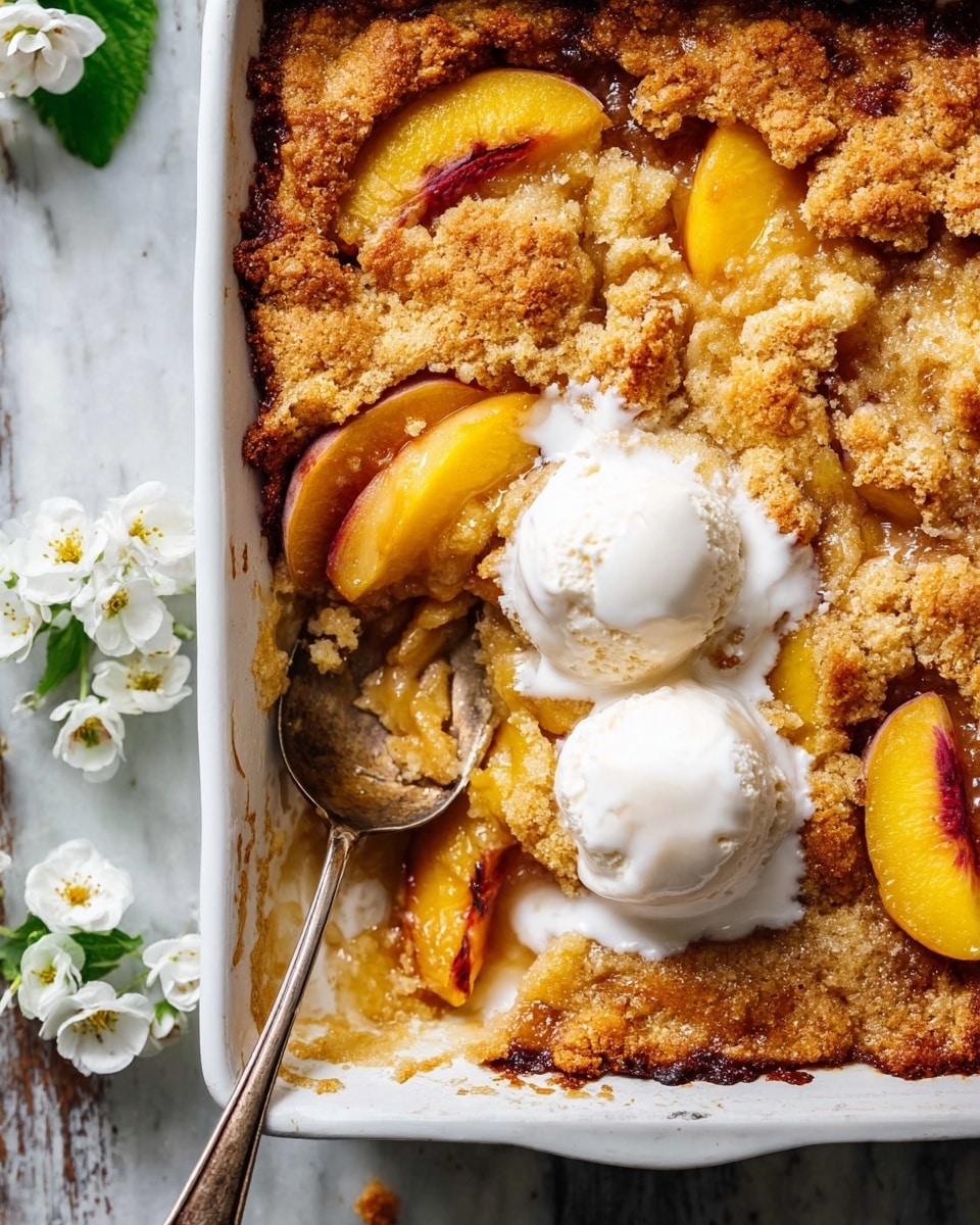 A white rectangular baking dish filled with a golden brown cobbler featuring soft, baked peach slices peeking through the top layer. The cobbler has a crumbly crust with slightly darker edges, and the peach slices show reddish-orange skin and bright orange flesh, scattered unevenly on the surface. Two large, round scoops of melting vanilla ice cream rest on top, with creamy white drips flowing over the cobbler and peaches. The dish sits on a white marbled texture surface with a few small white flowers nearby and a spoon partially inside the cobbler at the bottom left corner. photo taken with an iphone --ar 4:5 --v 7