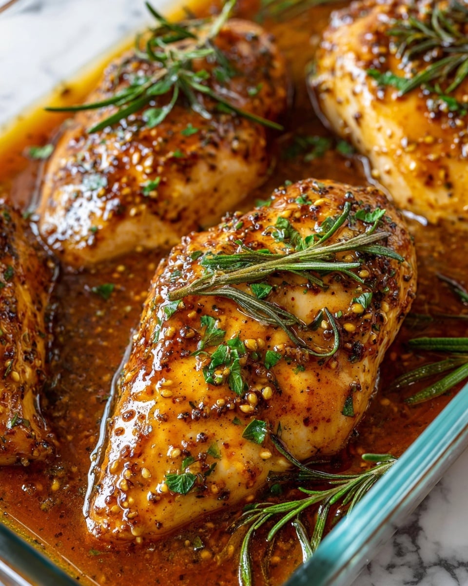 The image shows three cooked pieces of chicken laid in a white baking dish, each coated in a glossy, thick mustard sauce with whole grain mustard seeds visible. The chicken has a golden yellow color with a slight brown glaze. Sprigs of dark green rosemary are tucked between the pieces, and small chopped green parsley is sprinkled on top and around the dish. The sauce pools around the chicken, showing a rich orange-brown color with some oil shine. The background is a white marbled texture. Photo taken with an iphone --ar 4:5 --v 7