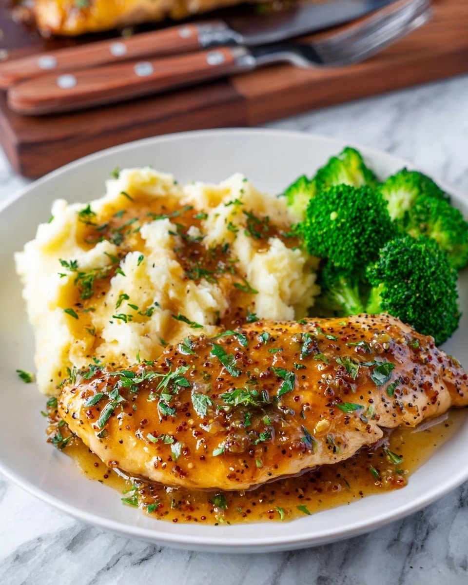 The image shows a white round plate with three main parts on it, placed on a white marbled surface. At the bottom left of the plate is a piece of cooked chicken covered with a shiny, grainy mustard sauce mixed with green herb bits. Above the chicken, slightly to the right, is a large scoop of creamy mashed potatoes topped with the same mustard sauce and sprinkled with small chopped green herbs. On the right side of the plate, next to the mashed potatoes, are bright green steamed broccoli florets and stems. A knife and fork with wooden handles rest near the top edge of the plate. In the background, there is a white ceramic baking dish with more mashed potatoes visible. The photo taken with an iphone --ar 4:5 --v 7