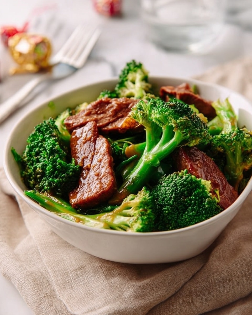 A white bowl filled with a stir-fry dish showing two main layers; the bottom layer consists of bright green broccoli florets with stems, while the top layer features glossy, brown slices of cooked meat. The broccoli looks crisp and fresh, contrasting with the shiny, textured meat pieces that have a rich sauce coating. The bowl is placed on a beige cloth with a white marbled surface in the background. Nearby, there is a woman's hand holding a fork close to some pieces of bread or pastry, which are slightly blurred in the background. photo taken with an iphone --ar 4:5 --v 7